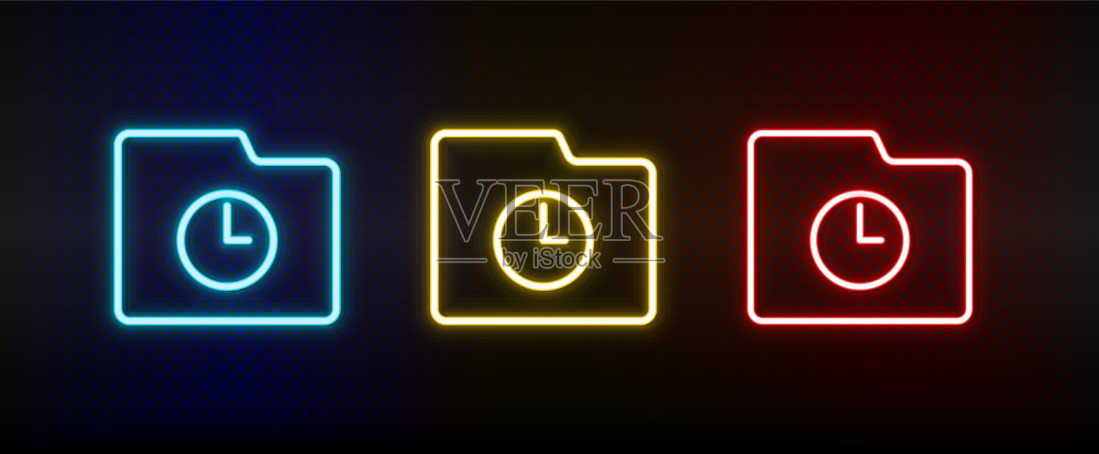 时钟，文件夹，故事霓虹灯图标设置。红色，蓝色，黄色氖气矢量图标图标素材