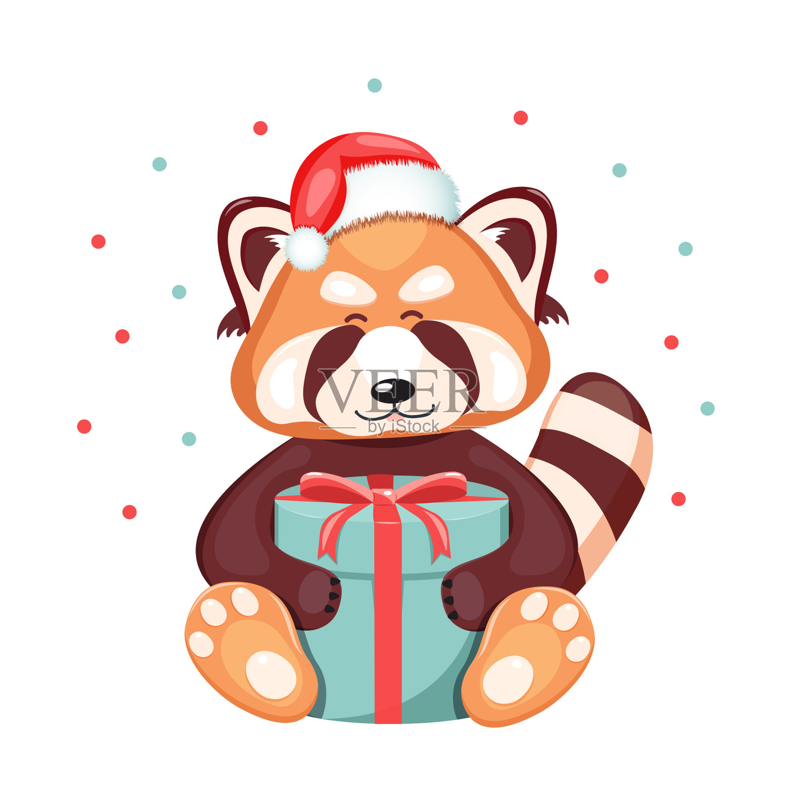 一只可爱的熊猫戴着圣诞老人帽，手里拿着礼品盒。插画图片素材