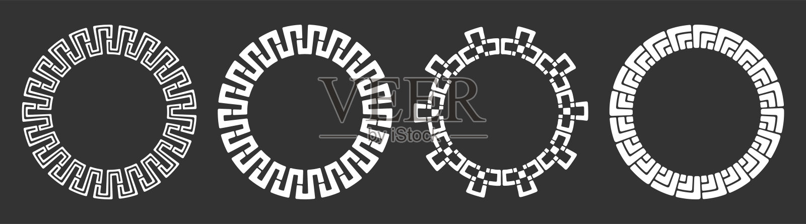 四套抽象圆形饰品，民族、古代装饰图案，条纹框架。插画图片素材