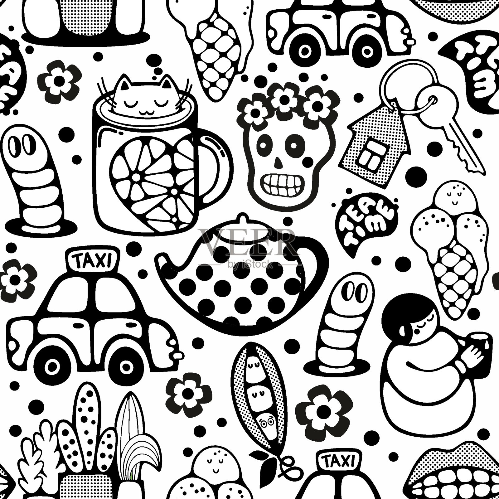 无限的图案与卡通人物。插画图片素材