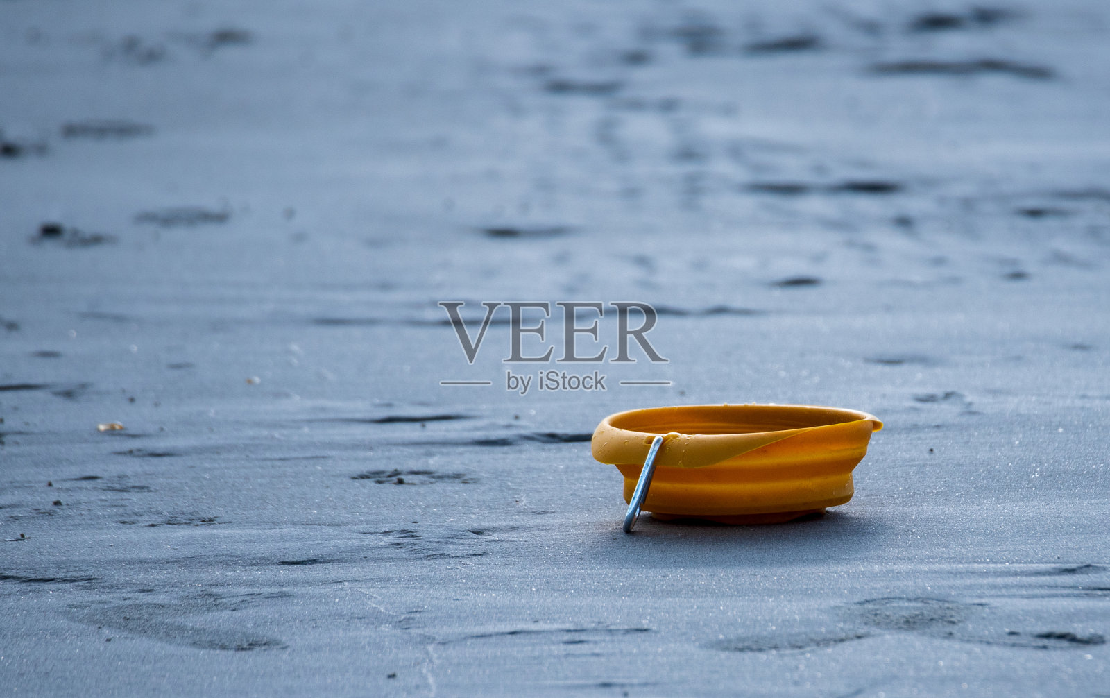 狗水碗坐在海滩上照片摄影图片