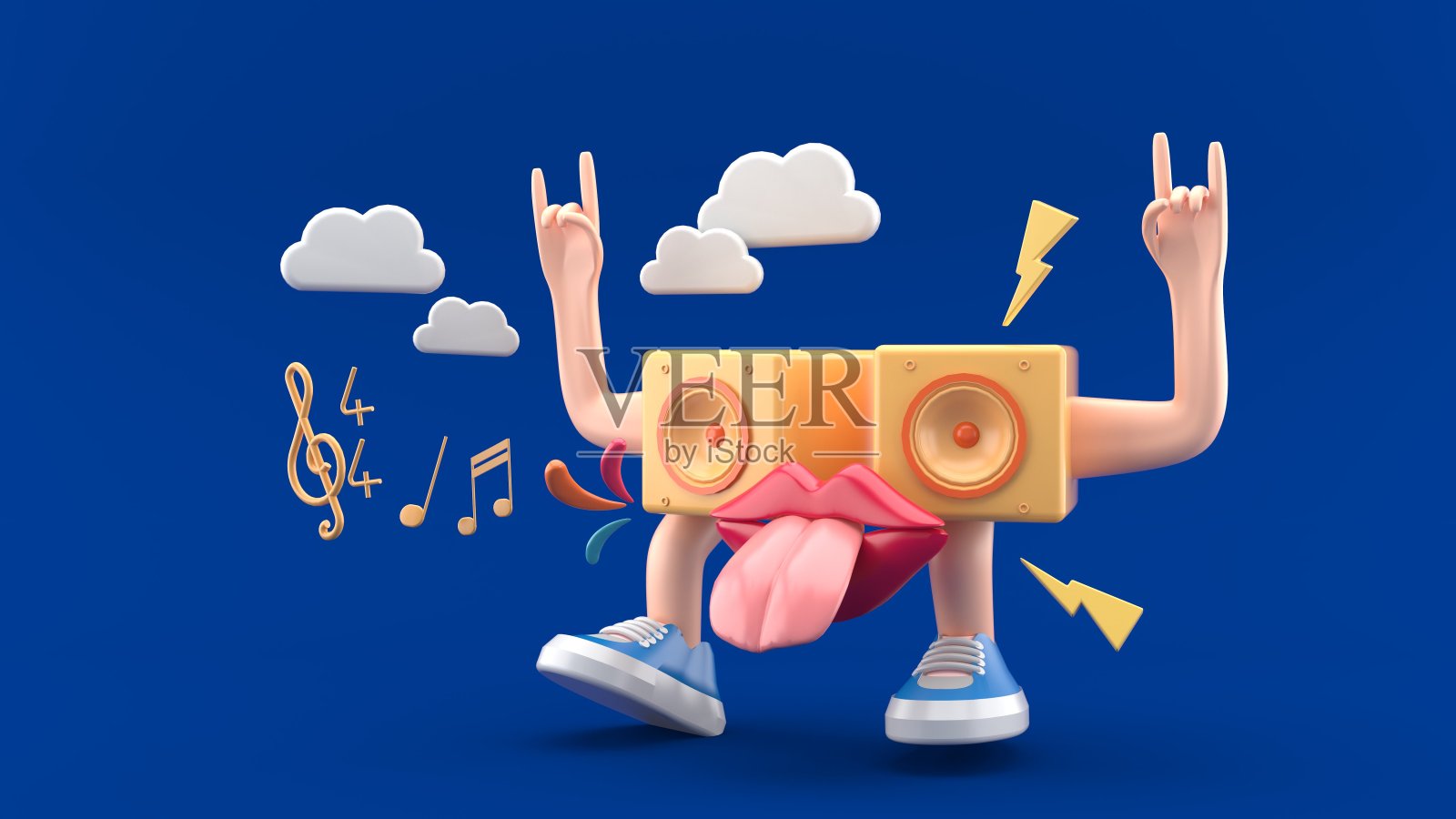 一个在蓝色背景中唱歌的音乐播放器。3 d渲染。“n插画图片素材