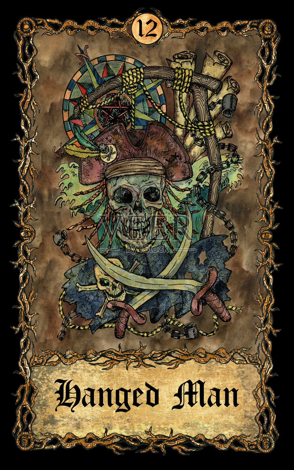 挂的人。古色古香背景上有骷髅的大奥卡纳塔罗牌。插画图片素材