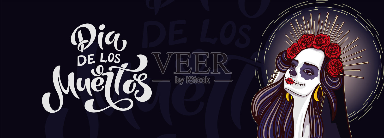 亡灵万岁。化妆的女孩，刻字插画图片素材