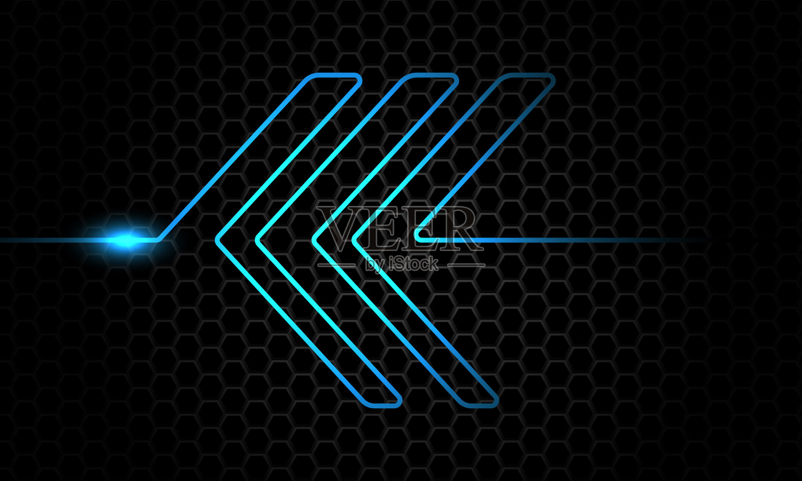 抽象蓝色灯光线霓虹灯箭头方向重叠在深色金属六边形网格图案设计现代奢华未来主义背景矢量插图。照片摄影图片
