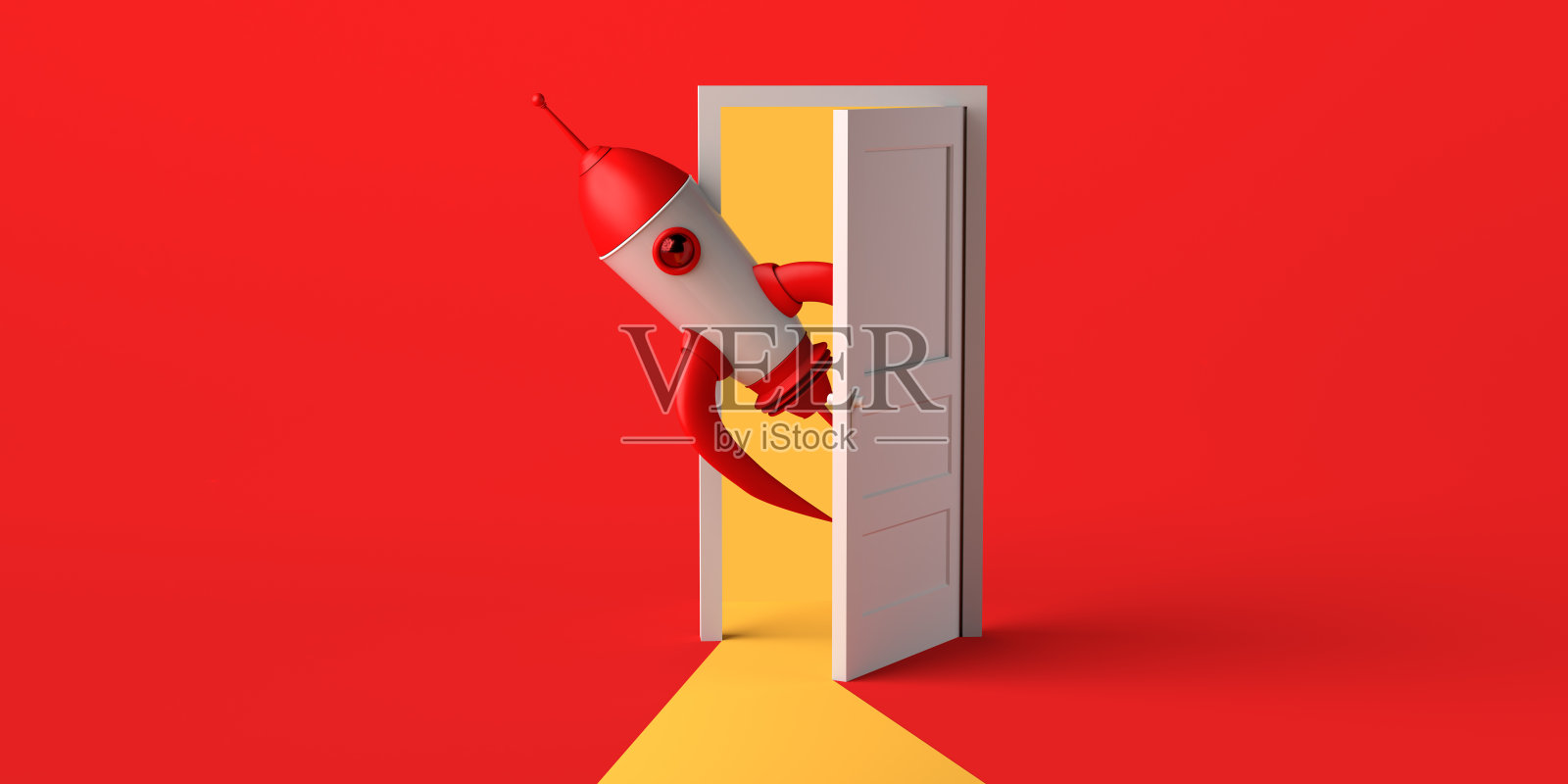 打开门，火箭飞出来。副本的空间。3 d演示。插画图片素材