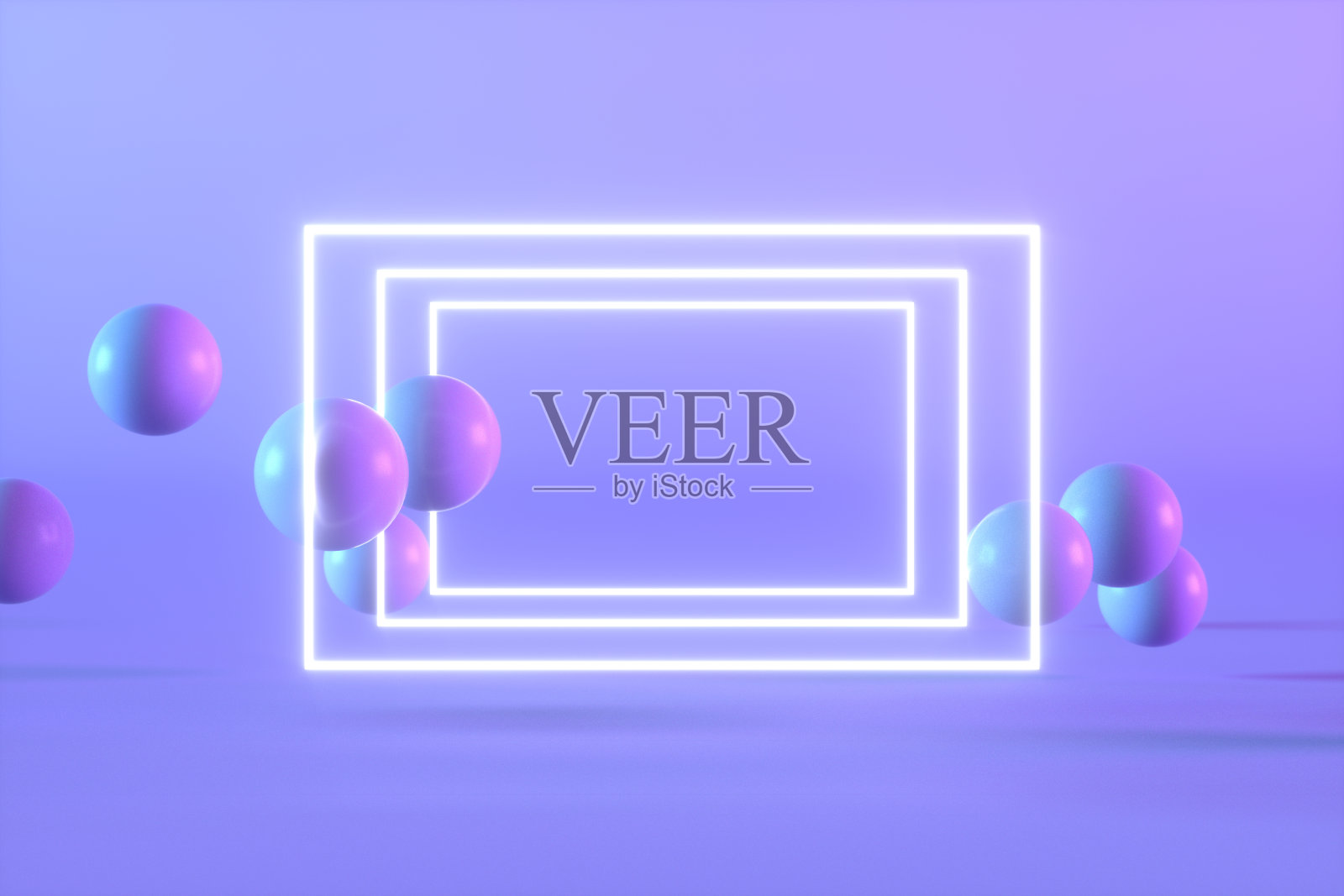 飞行球体与空的霓虹灯框架在颜色梯度背景照片摄影图片