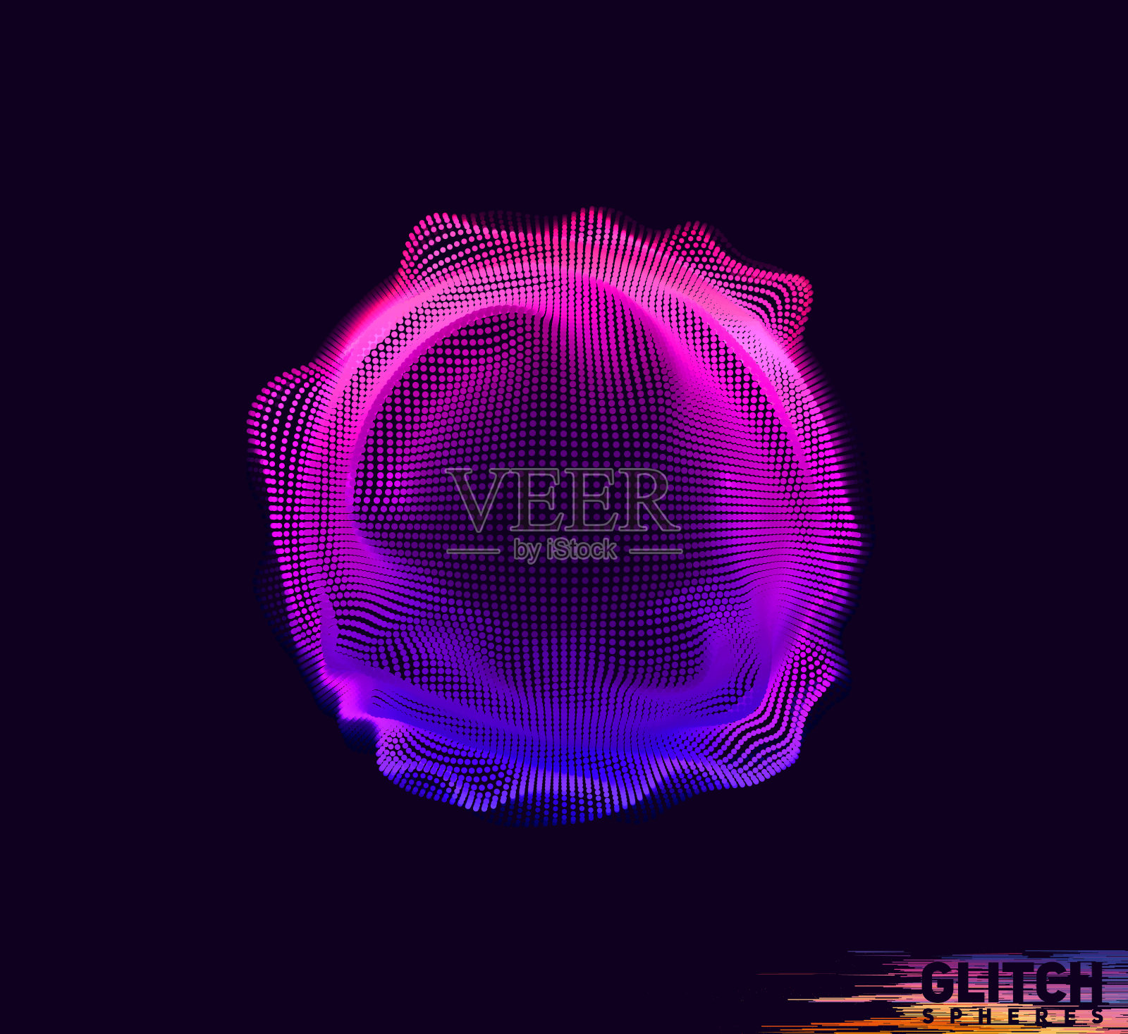 损坏的紫色点球。抽象矢量彩色网格在黑暗的背景。未来主义风格的名片。插画图片素材