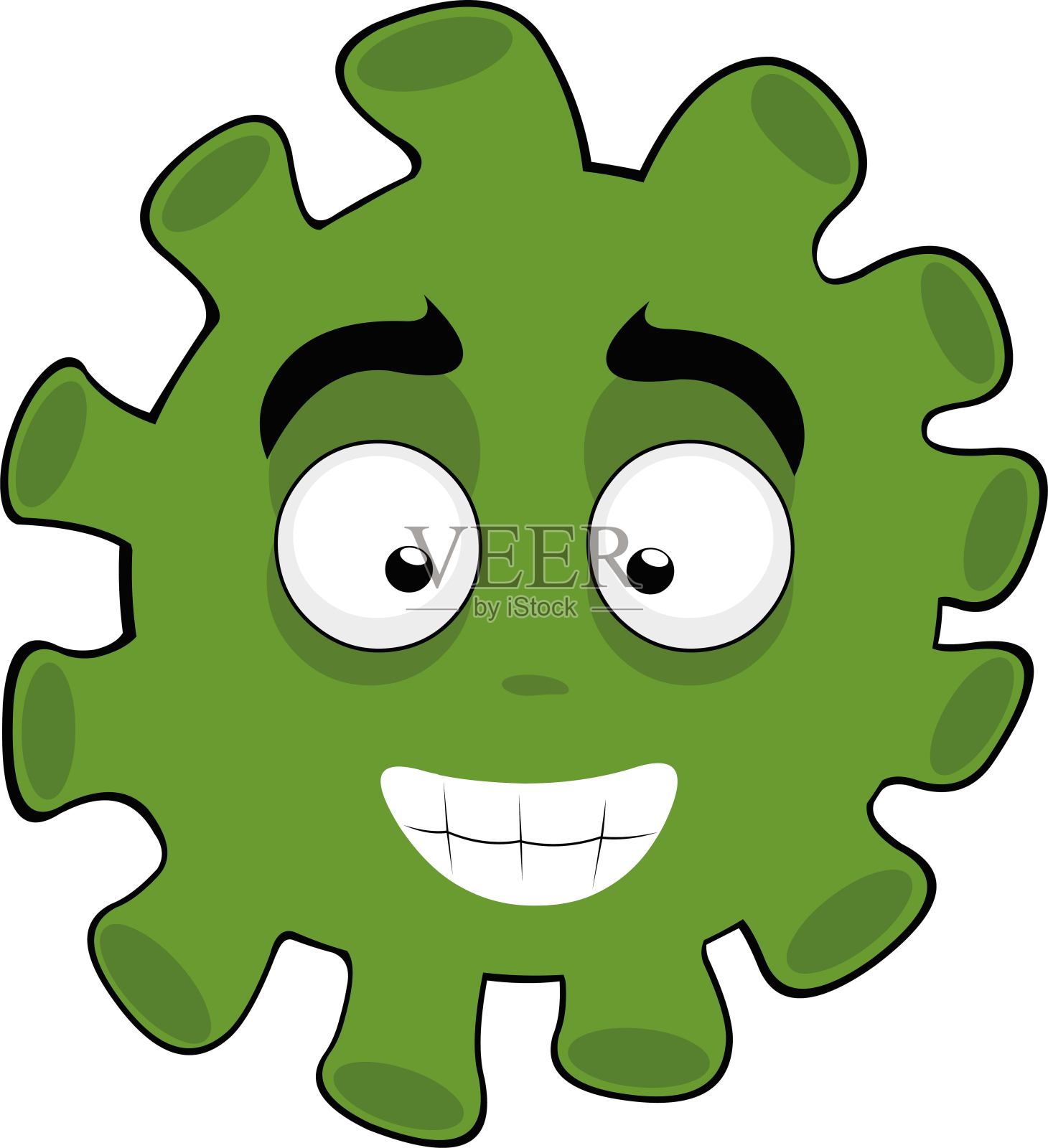 矢量表情插画，一个病毒角色的头部带着快乐的表情，微笑着露出所有的牙齿设计元素图片