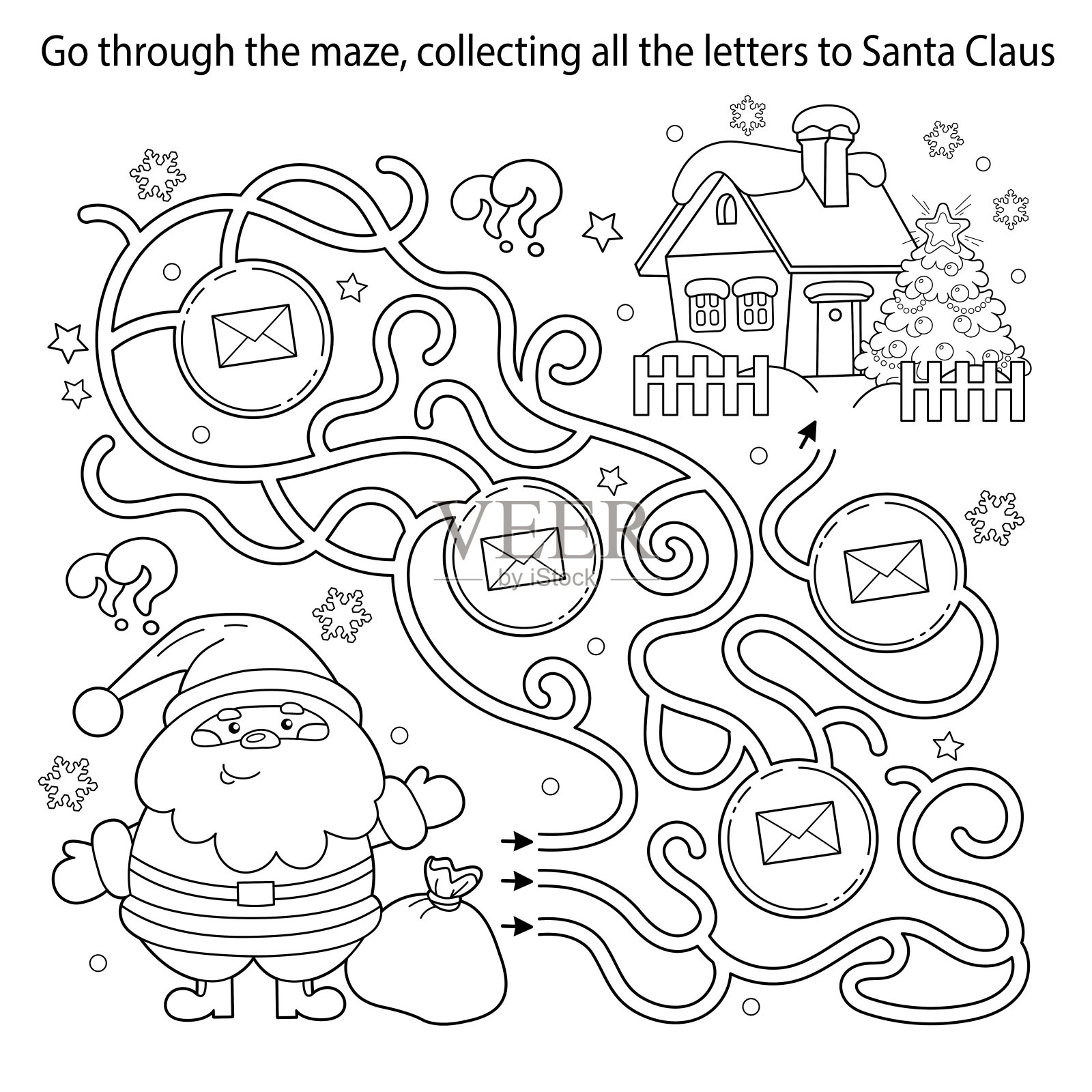 迷宫或迷宫游戏。谜题。彩色页的圣诞老人大纲与礼物袋和圣诞树。新年。圣诞节。儿童涂色本。插画图片素材