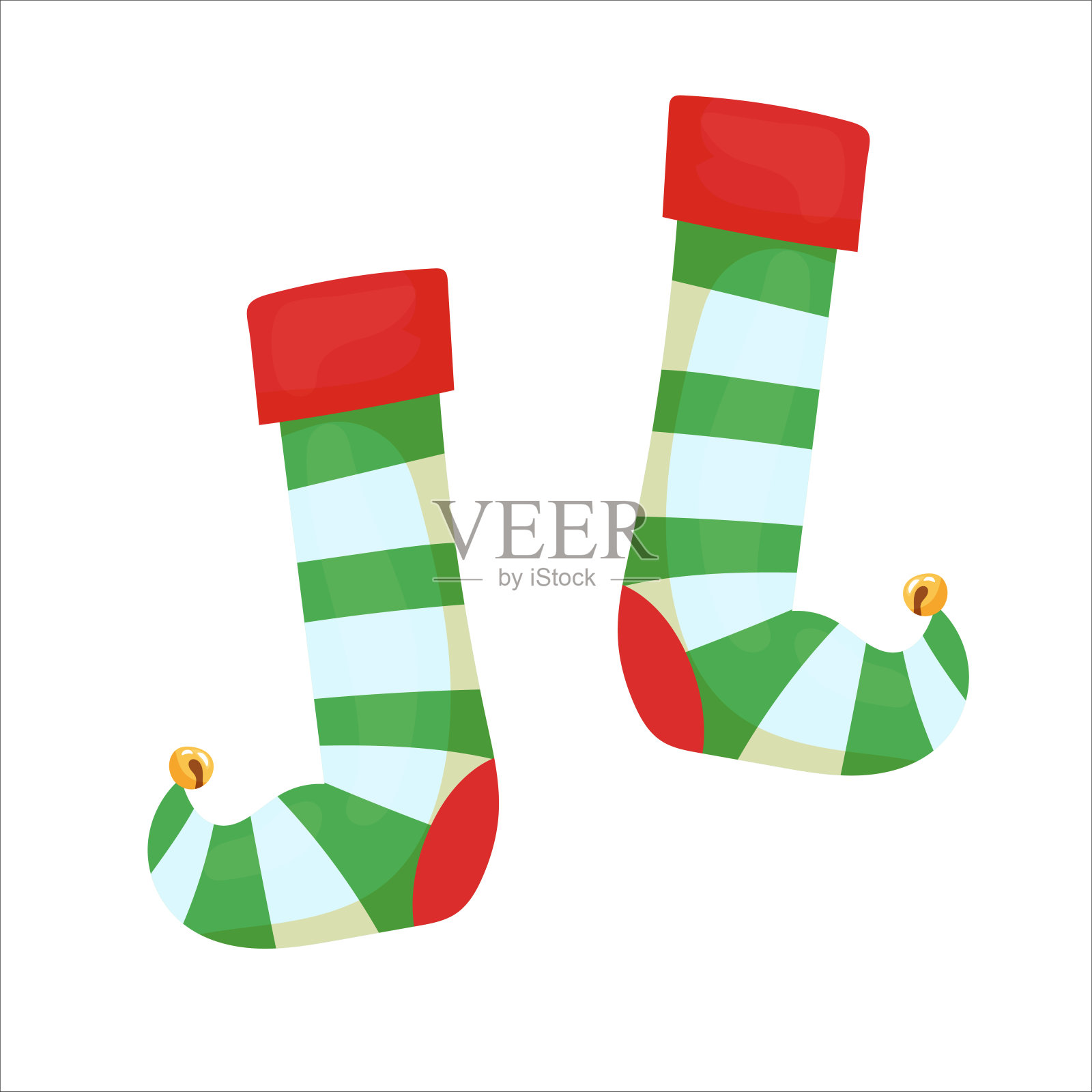 带铃铛的条纹袜子。圣诞老人的助手小精灵的衣服。明亮的服装。卡通风格的圣诞装饰。矢量插图孤立的白色背景。设计元素图片