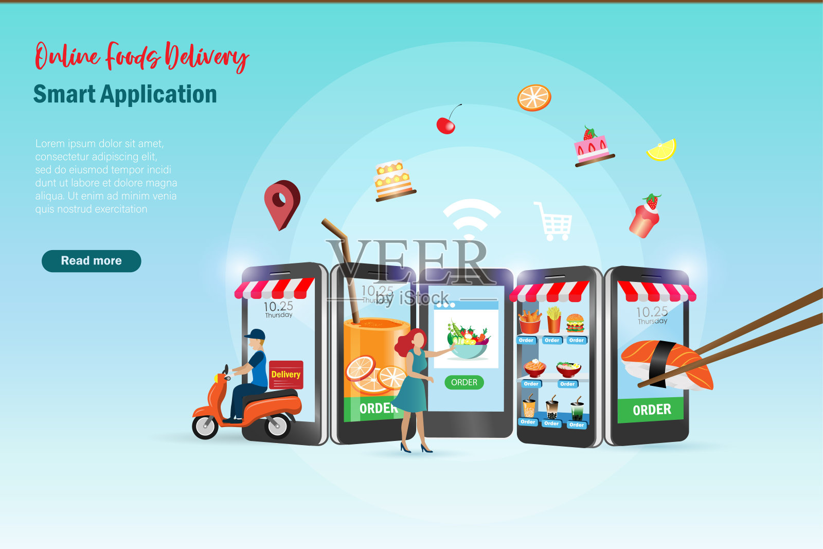 智能手机外卖应用服务，电子商务，手机订餐，餐饮选择。插画图片素材