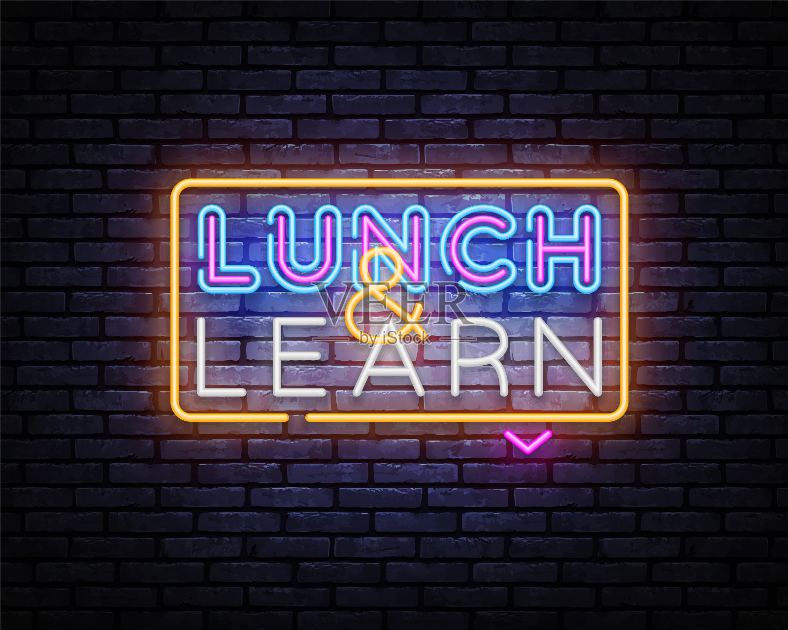 午餐和学习霓虹灯标识矢量设计模板。午餐学习霓虹灯标志，灯光横幅，设计元素，夜晚明亮的广告，明亮的标志。矢量图插画图片素材