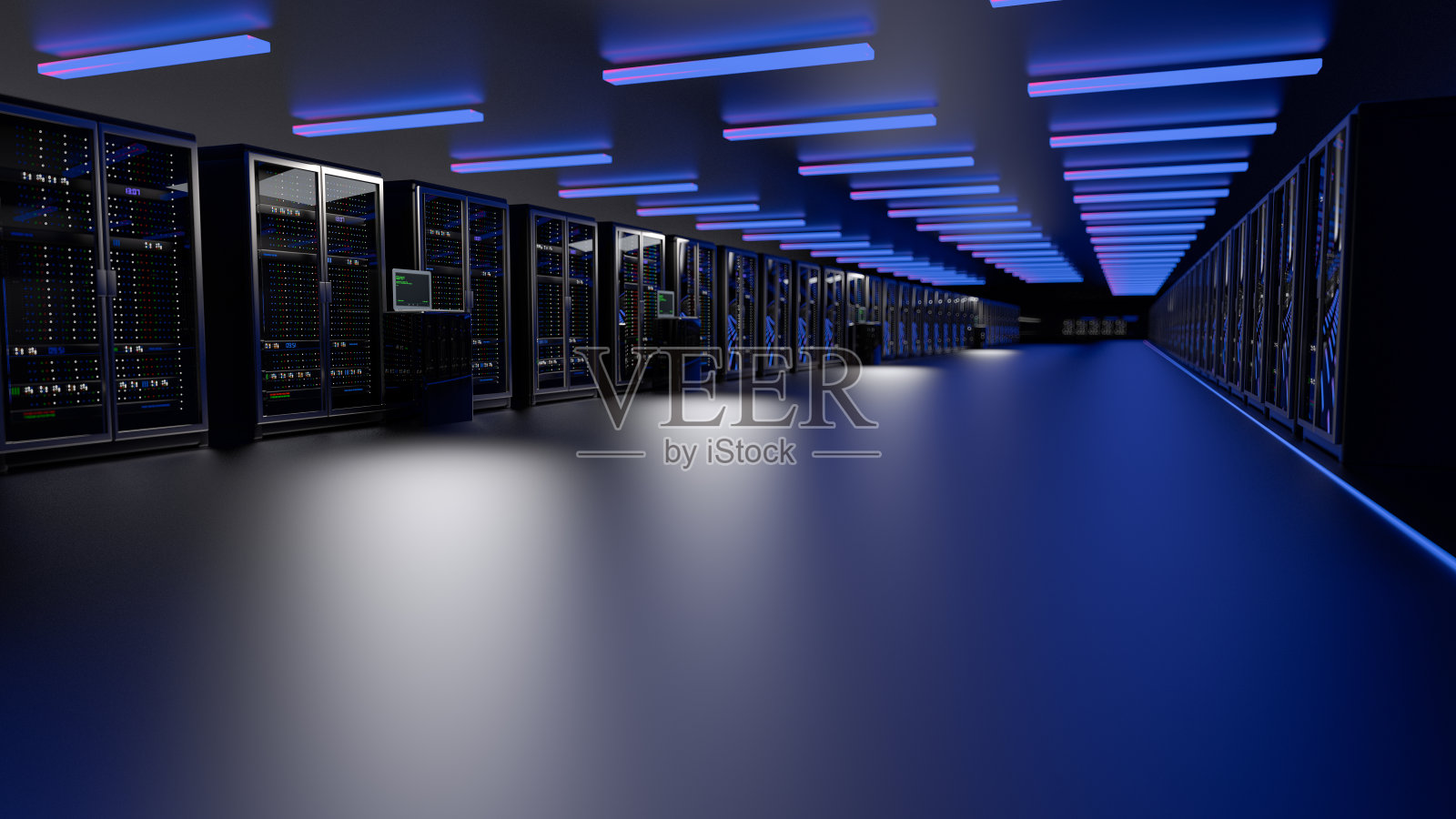 服务器。服务器室数据中心。备份，采矿，主机，主机，农场和计算机机架与存储信息。下来。3 d渲染照片摄影图片