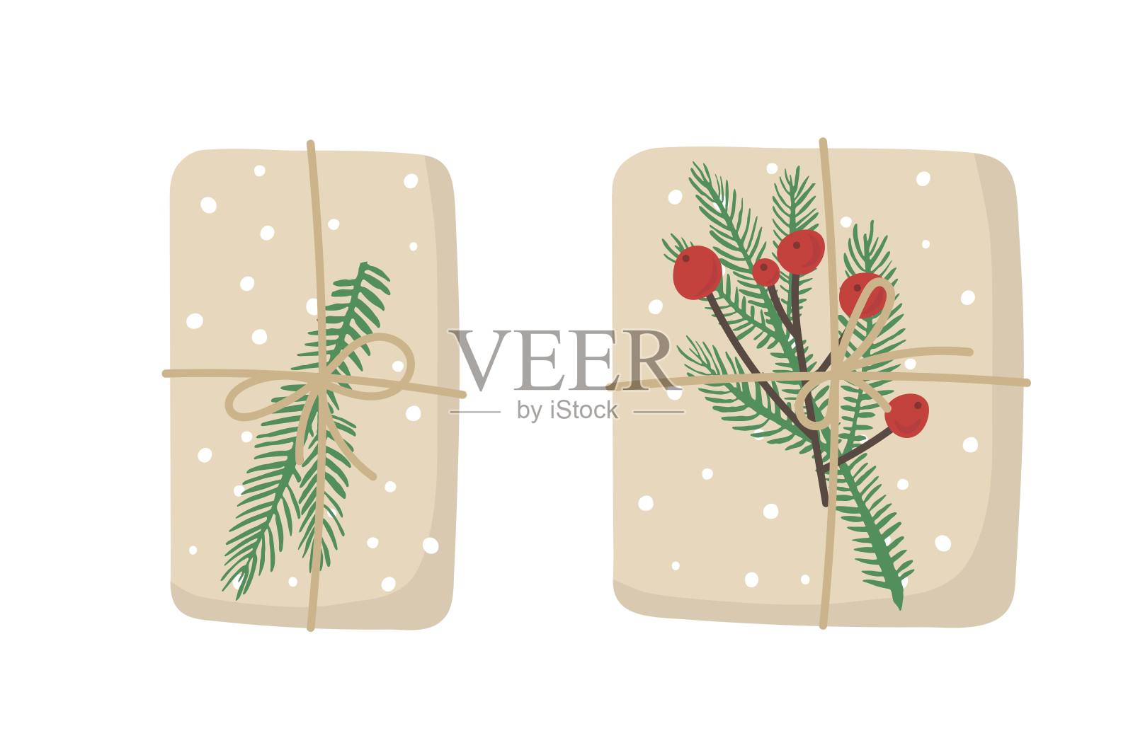 圣诞礼物。两件用纸包着的礼物，用丝带缠着，用云杉树枝和红浆果装饰着。为庆祝平安夜或新年做准备。平面向量孤立。插画图片素材