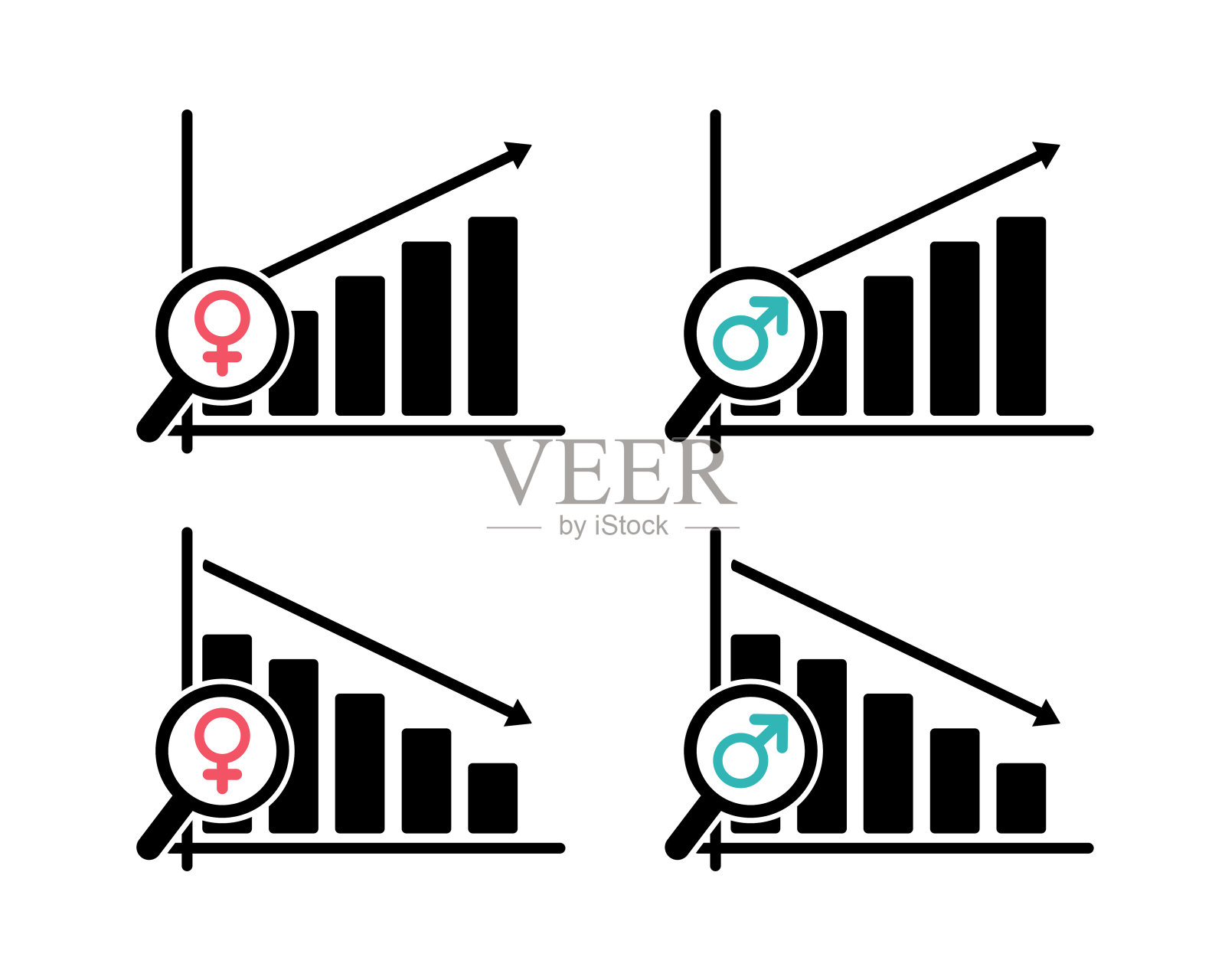 男性和女性的条形图增长或下降。人物图表图表信息图表。插画图片素材