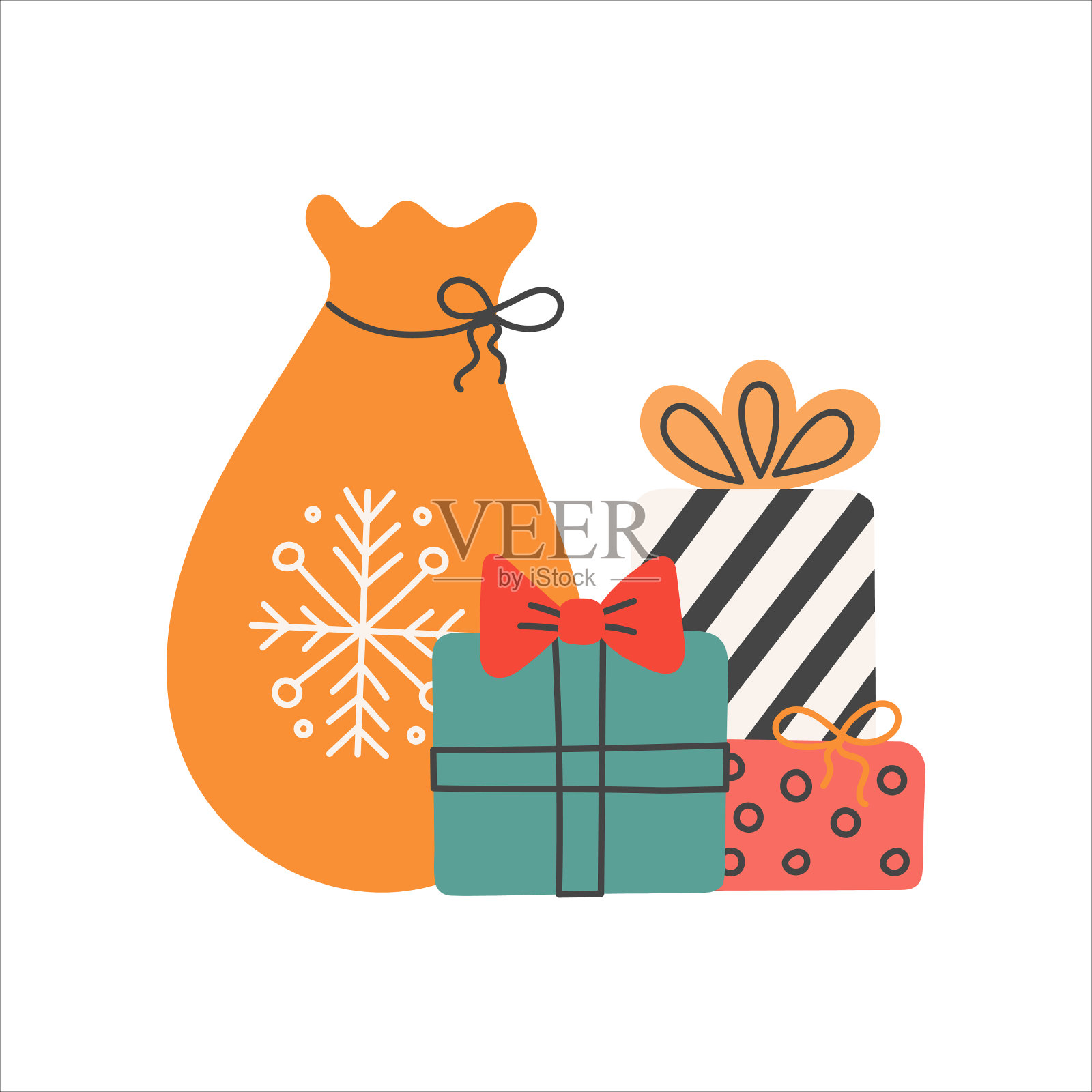 圣诞礼物在袋子和节日盒子，矢量插图在平面风格设计元素图片
