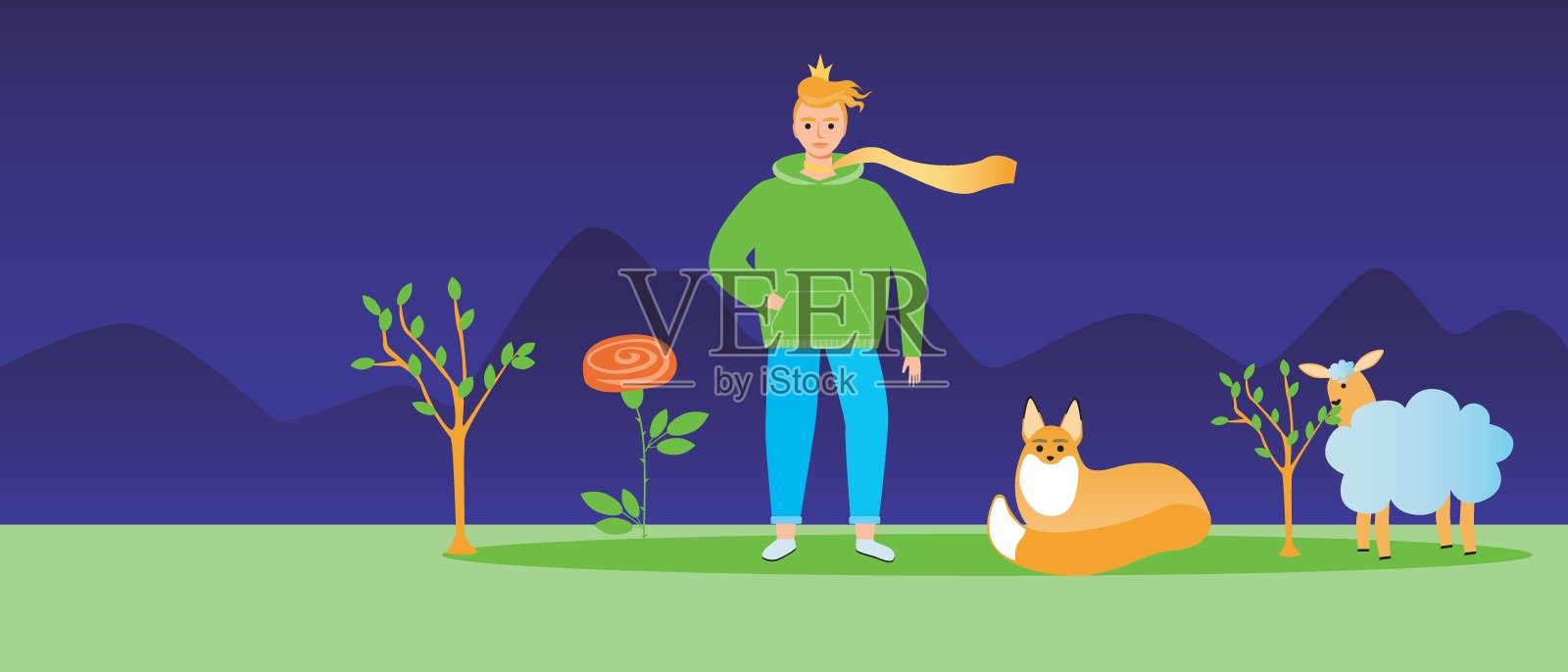 小王子书的人物，复制空间模板，平面矢量股票插图覆盖，英雄的小王子书插画图片素材