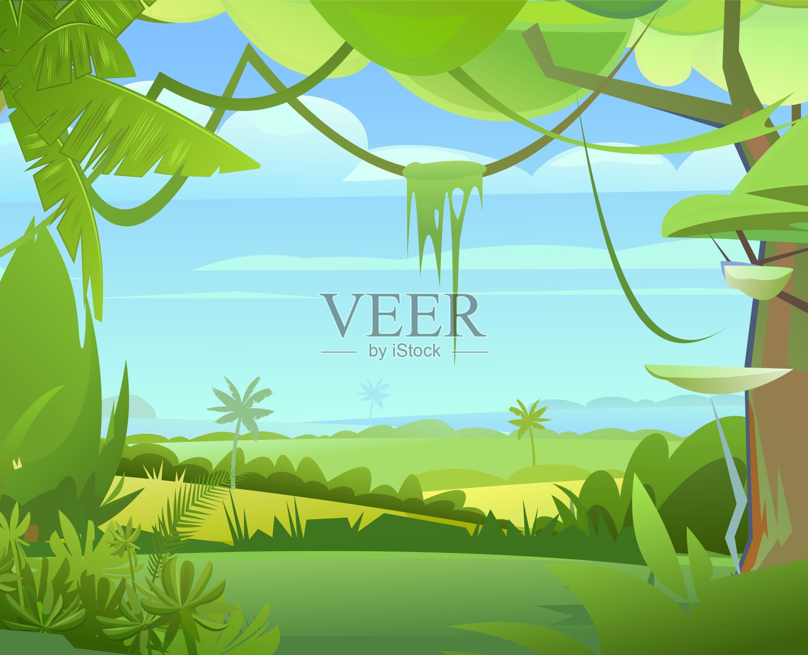 丛林植物。植物景观。茂密的灌木丛。从热带森林全景。南部农村的风景。插图采用卡通风格的平面设计。向量插画图片素材