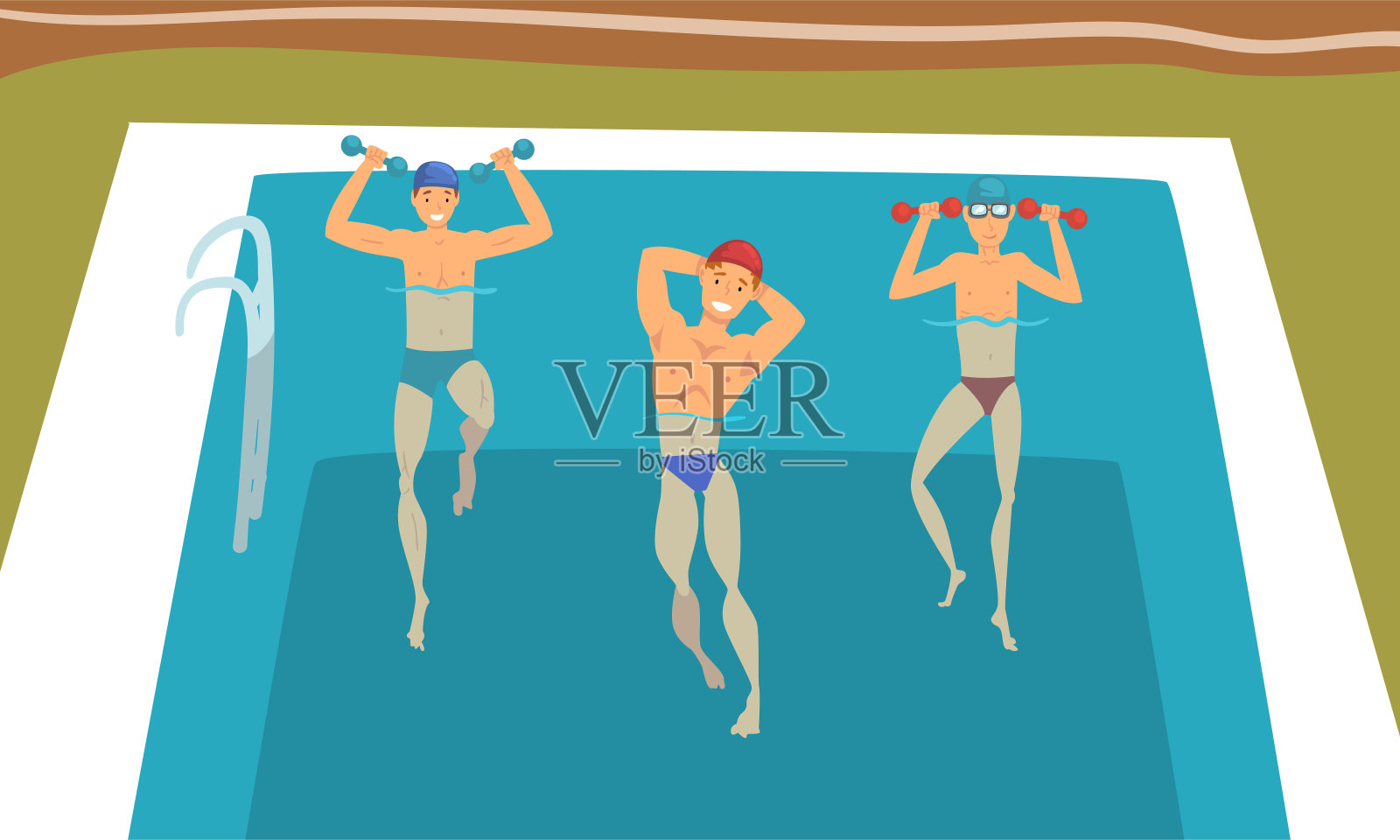 年轻男子拿着哑铃在游泳池做体育锻炼向量集插画图片素材