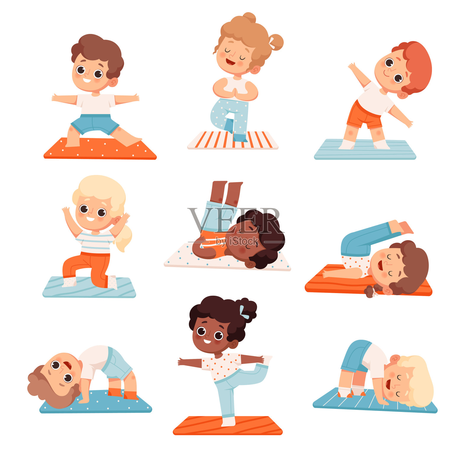 一组可爱、开朗的孩子在学校或瑜伽课上做瑜伽和有氧运动。学龄前或学龄的男孩和女孩在瑜伽垫上以不同的姿势站着插画图片素材