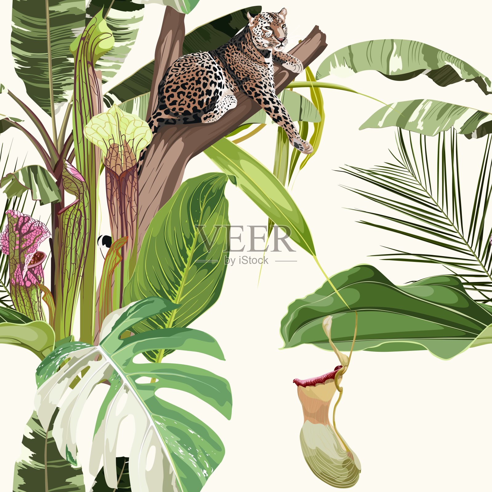 五颜六色的花图案与虎豹睡在树上和异国情调的撒拉瑟尼和热带叶子的插图。白色背景上的时尚装饰。插画图片素材
