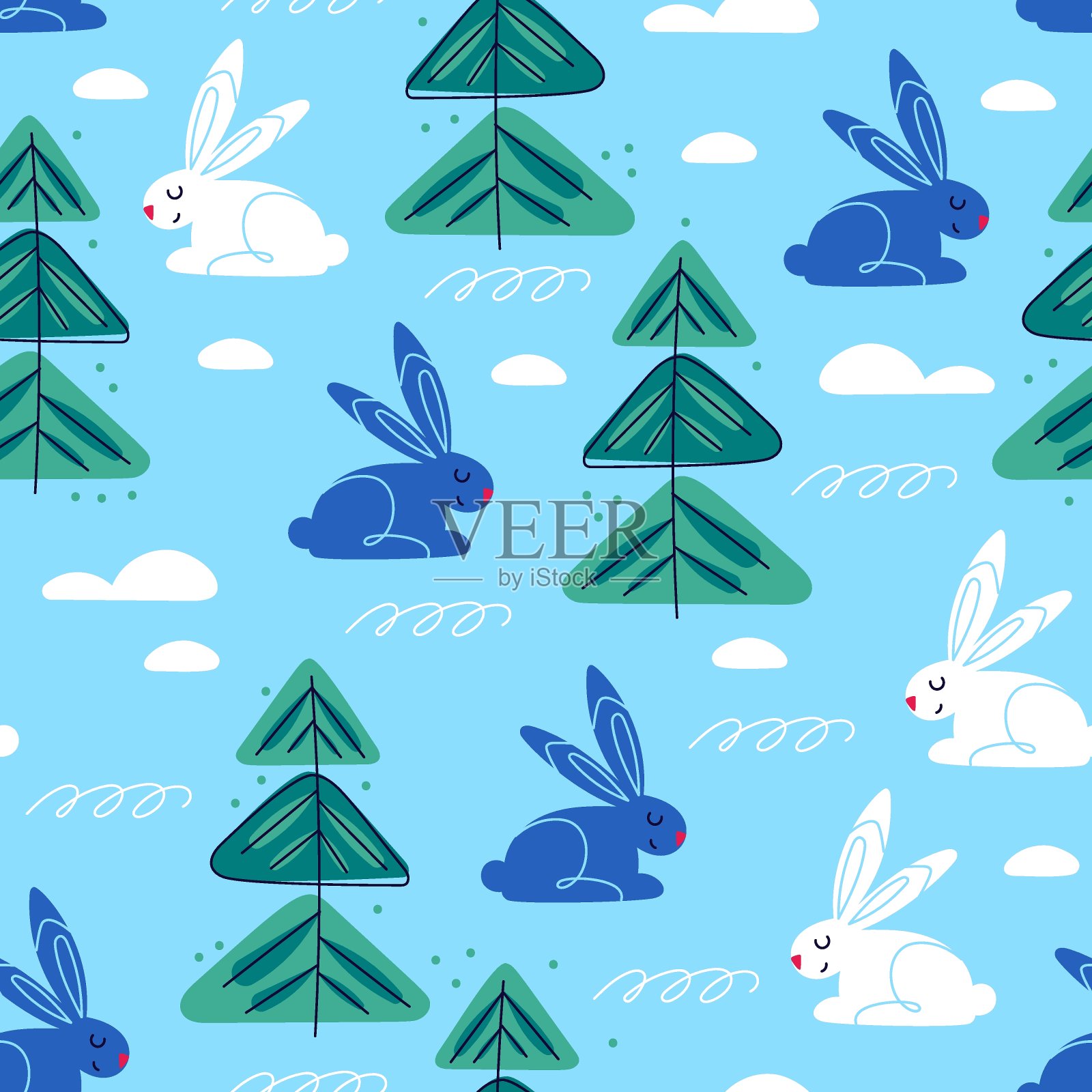 白色和蓝色的兔子，圣诞树，雪林无缝的图案。冬天的插图，可爱的壁纸。向量插画图片素材