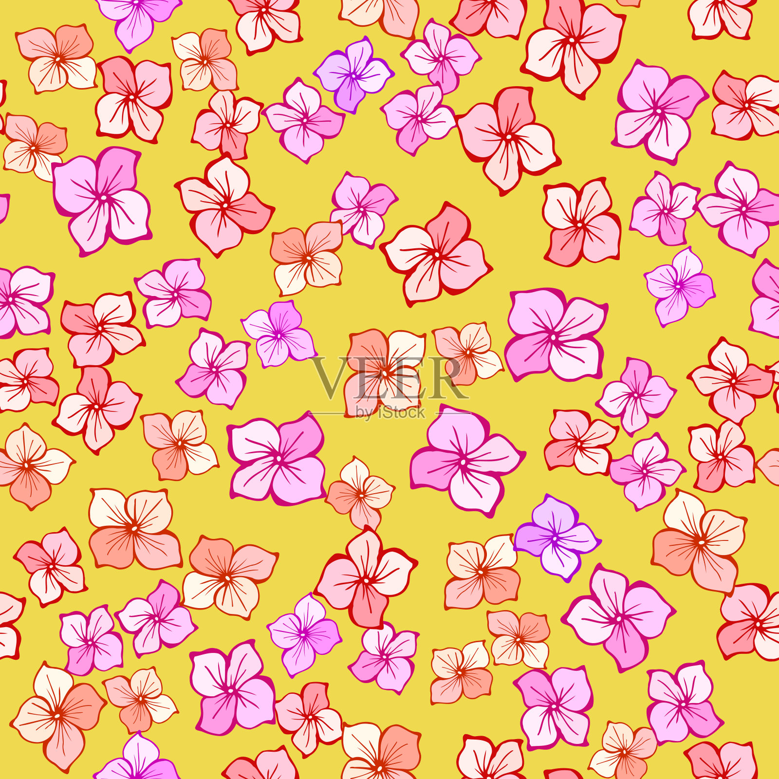 花式无缝隙图案。矢量手绘线条艺术插图。夏天可爱的粉红色花朵。纹理印刷，织物，纺织品，墙纸。插画图片素材