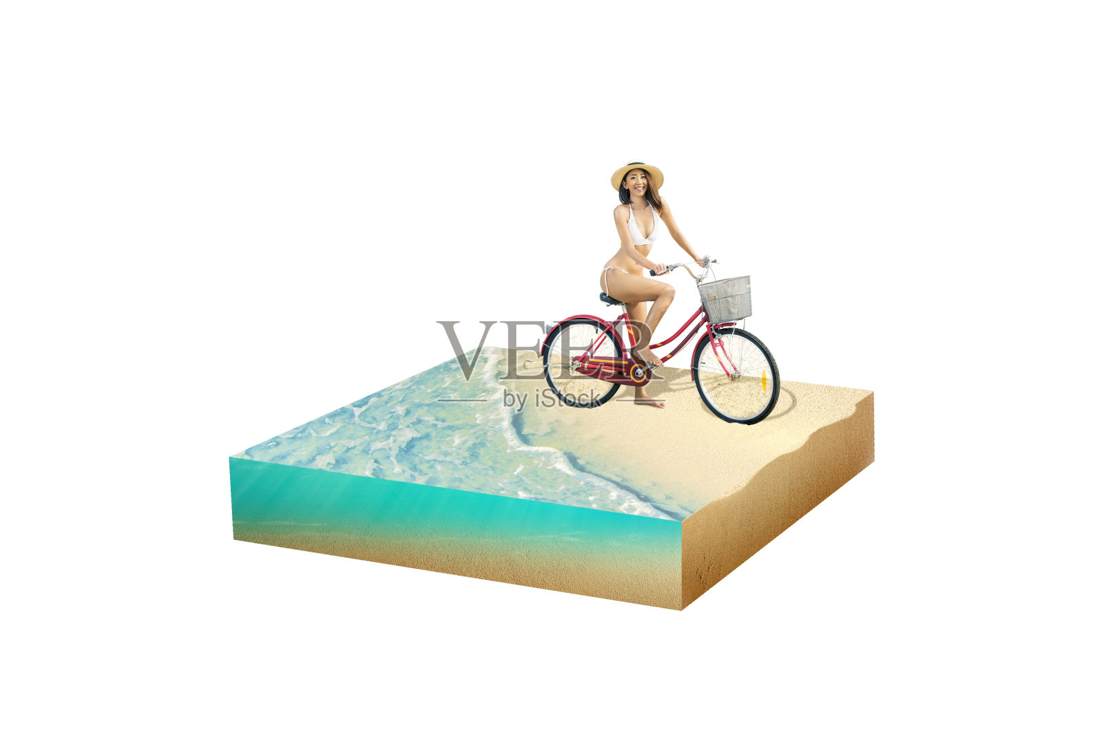 亚洲性感女孩与帽子和比基尼骑自行车在沙滩上照片摄影图片