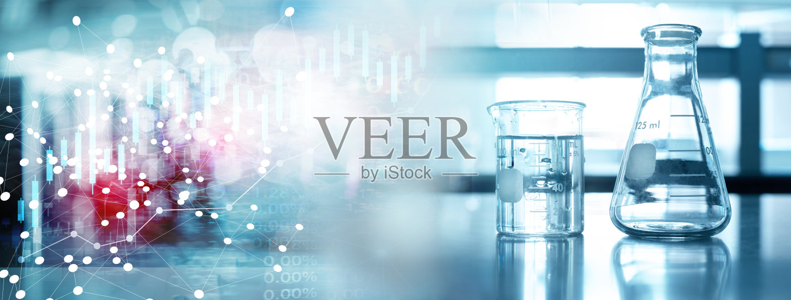 烧瓶和烧杯在医疗卫生科学行业的技术旗帜背景下照片摄影图片