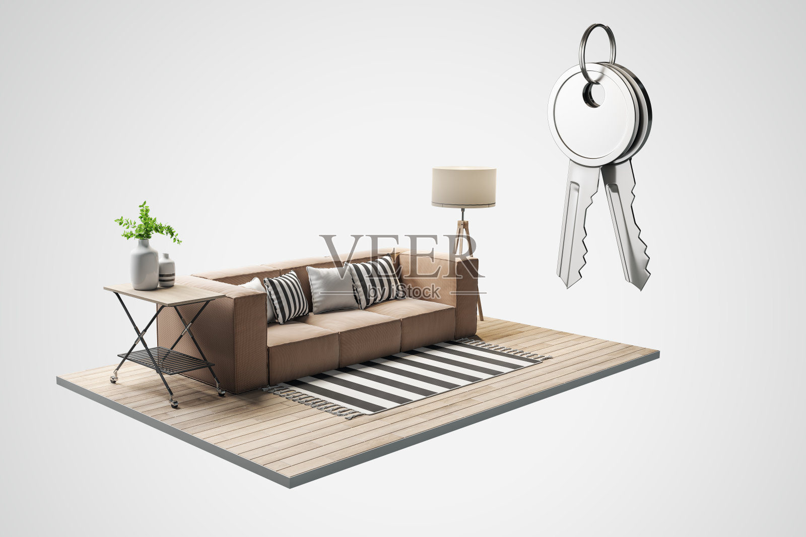 创意沙发和客厅碎片白色背景与银色钥匙。抵押贷款和购房概念。3 d渲染。照片摄影图片