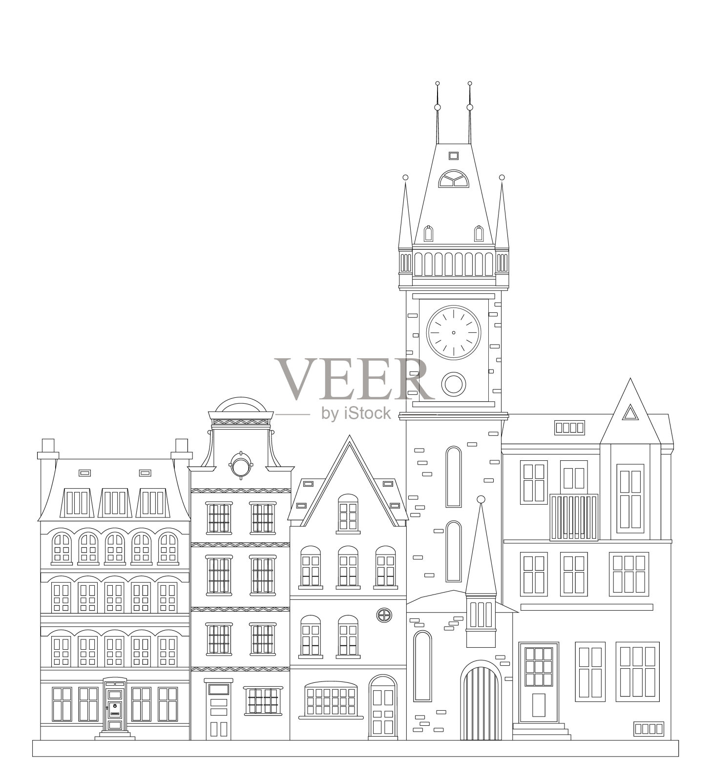 一套不同的欧洲建筑，房子。西欧风格的建筑。成人和儿童的抗压力涂色书。黑色和白色。轮廓的风格。白色背景。矢量插图。插画图片素材