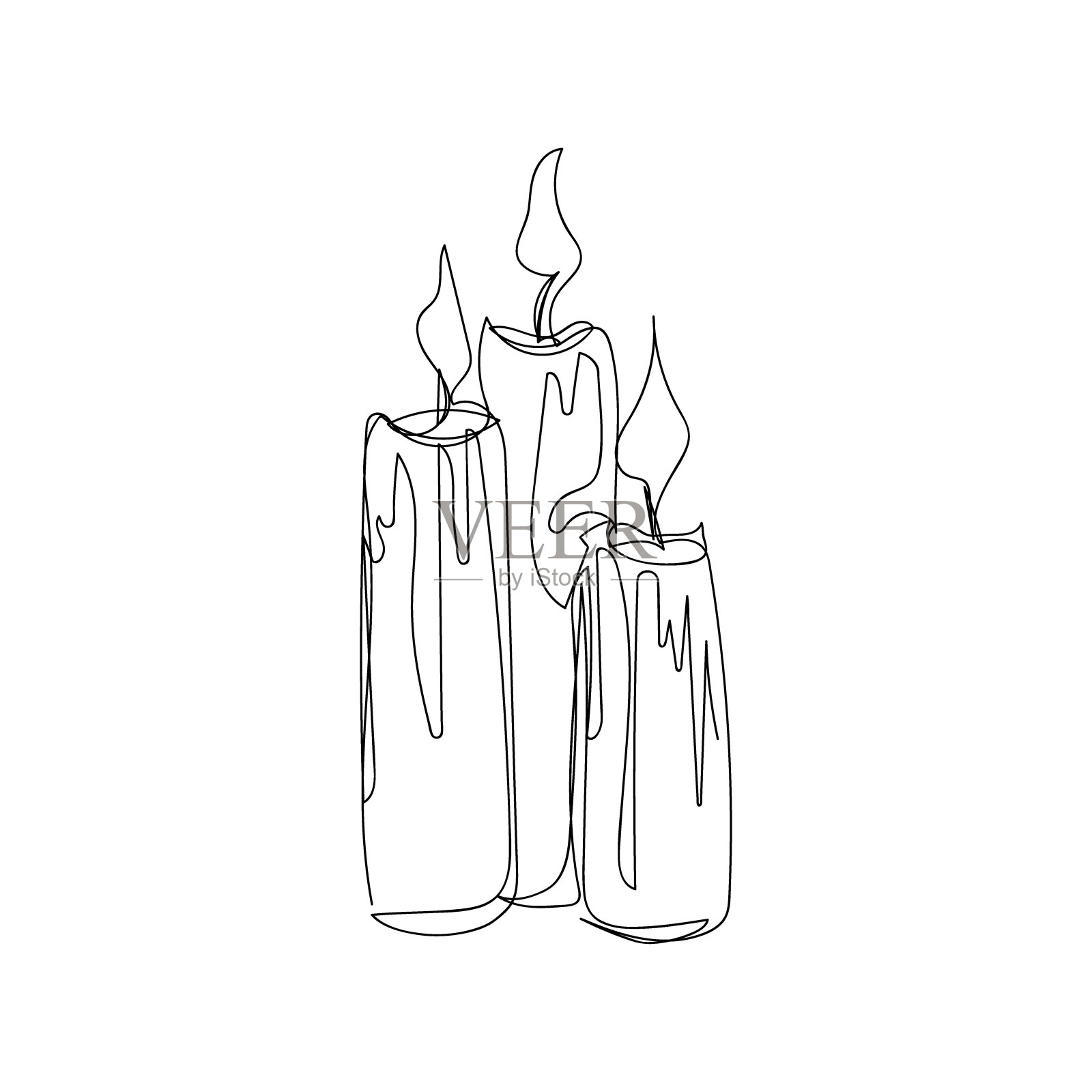 燃烧的，熔化的蜡烛，一行艺术。万圣节主题、浪漫、哥特式的连续线条画。插画图片素材