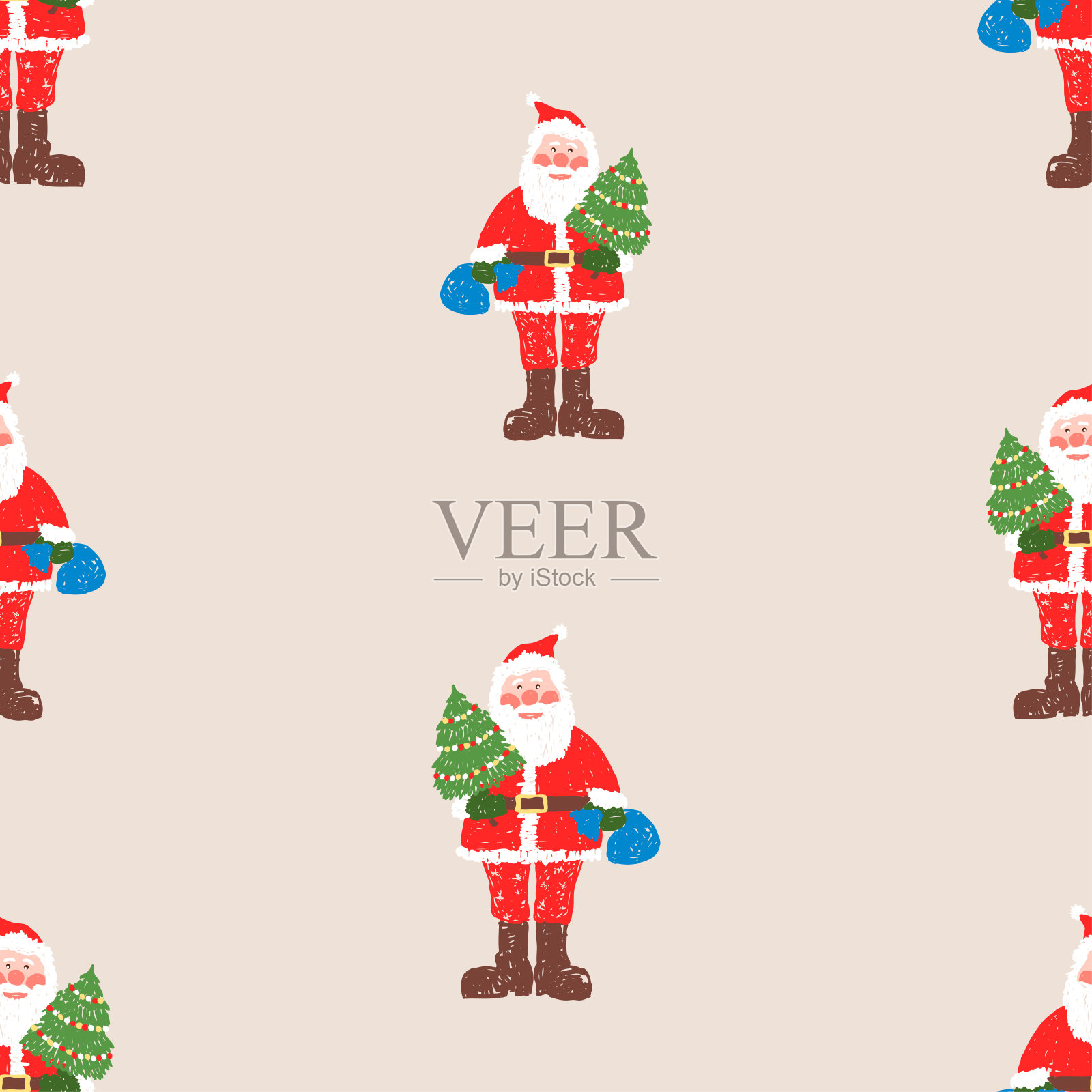 无缝图案绘制的卡通快乐的圣诞老人与圣诞树和礼物插画图片素材