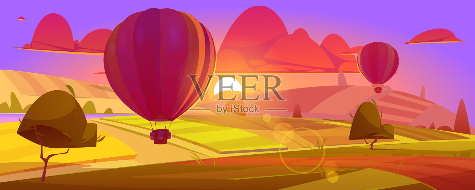 热气球在田野或山谷上空飞行插画图片素材