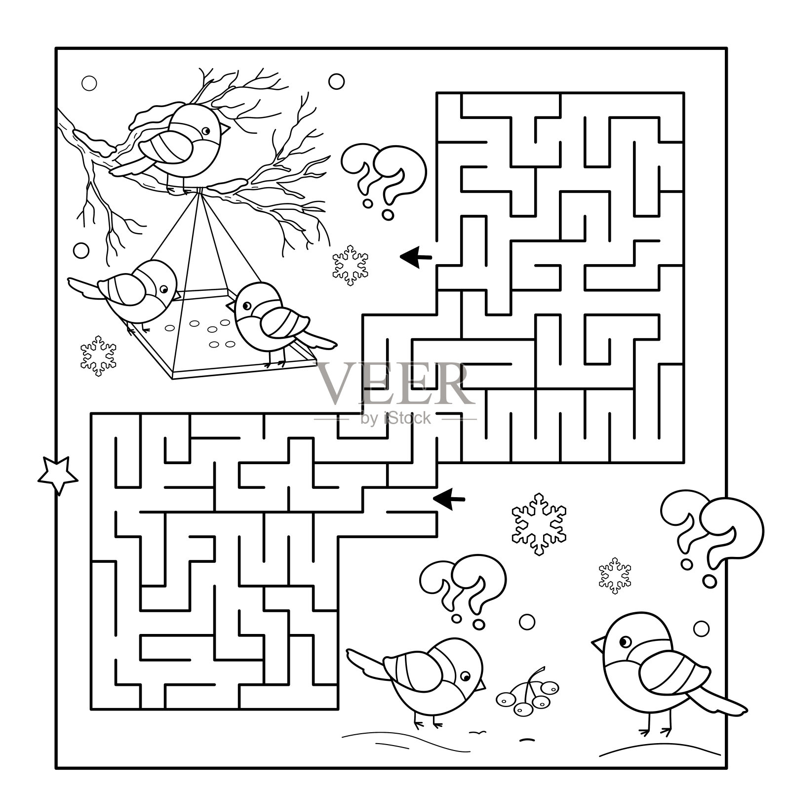 迷宫或迷宫游戏。谜题。卡通鸟在冬天的着色页轮廓。儿童涂色本。插画图片素材