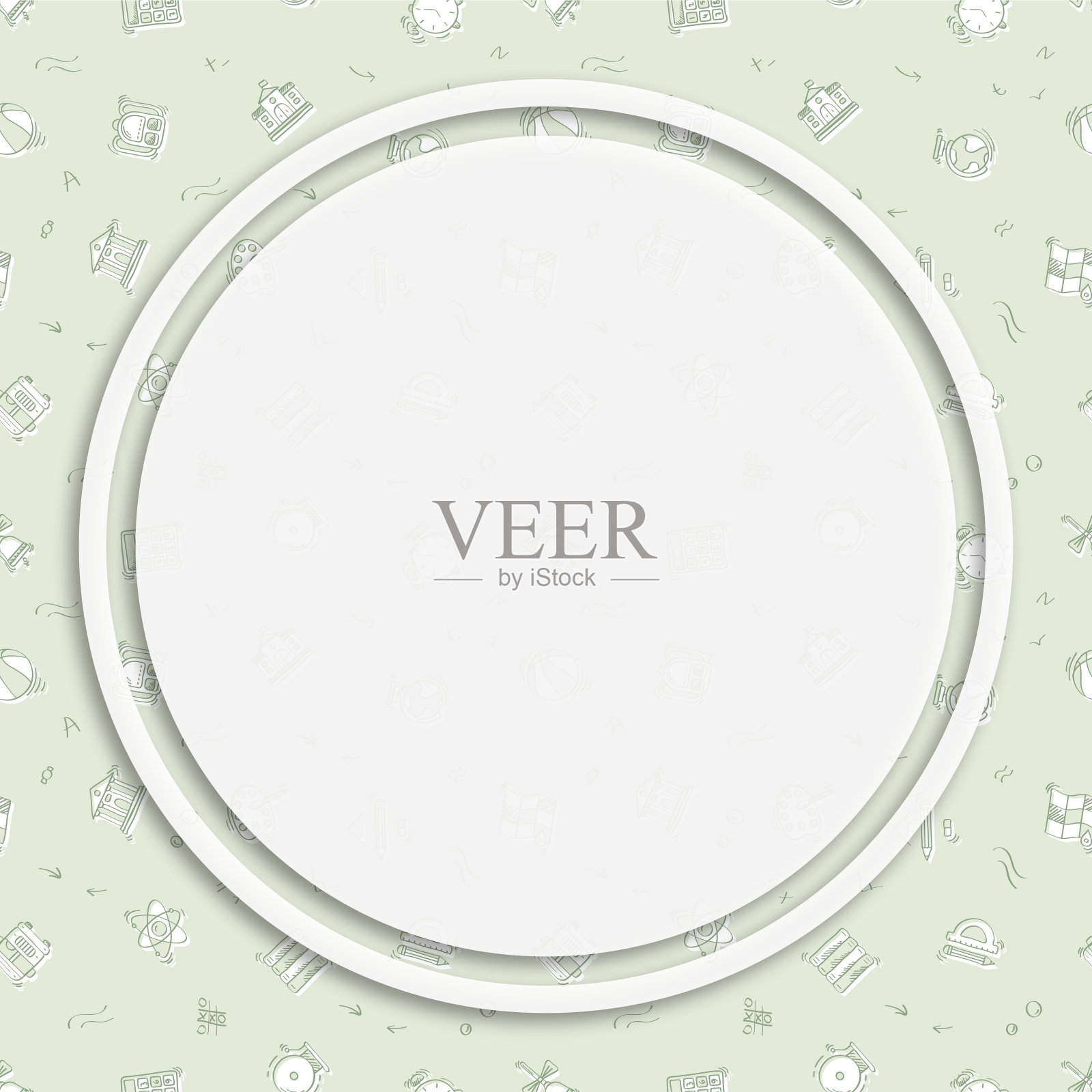 圆形框架，背景无缝模式与涂鸦线性图标。地理，地球仪，计算器，大学，化学，公共汽车，几何。媒体发布后插画图片素材