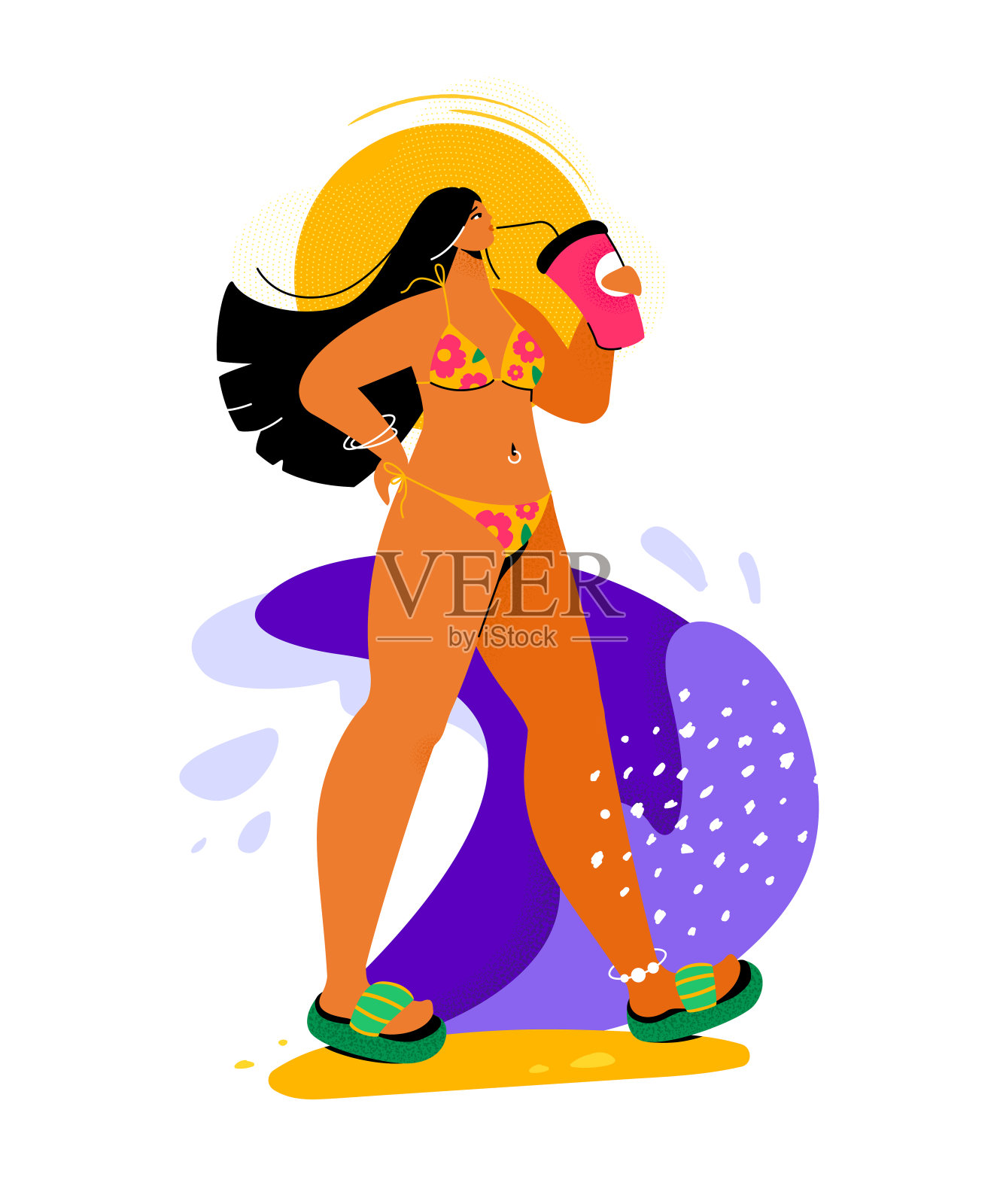 喝鸡尾酒的女孩-彩色平面设计风格插图插画图片素材