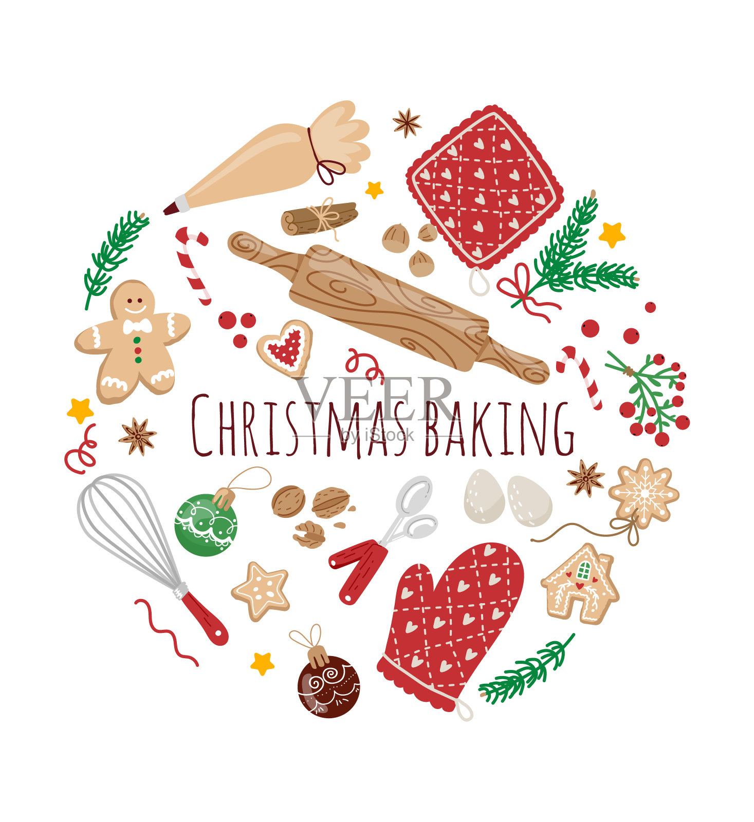 圣诞烘培元素概念圆构图。向量插图白色背景与厨房用具。插画图片素材