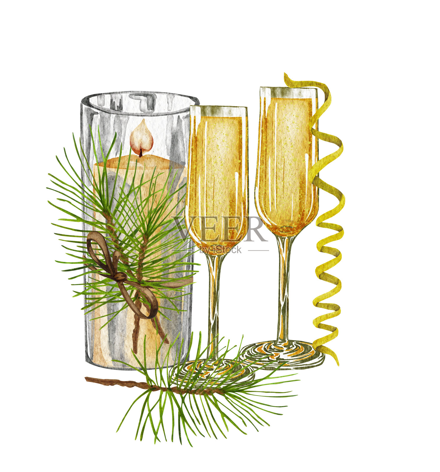 圣诞装饰水彩画香槟杯。白色气泡酒，酒精饮料饮料插图白色背景。插画图片素材