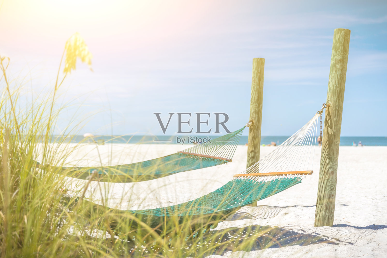 在阳光照耀下，美丽空旷的海滩上的吊床照片摄影图片