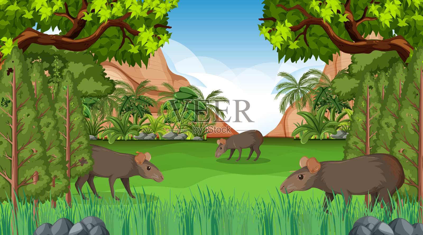 水豚家族在森林场景中有许多树木插画图片素材