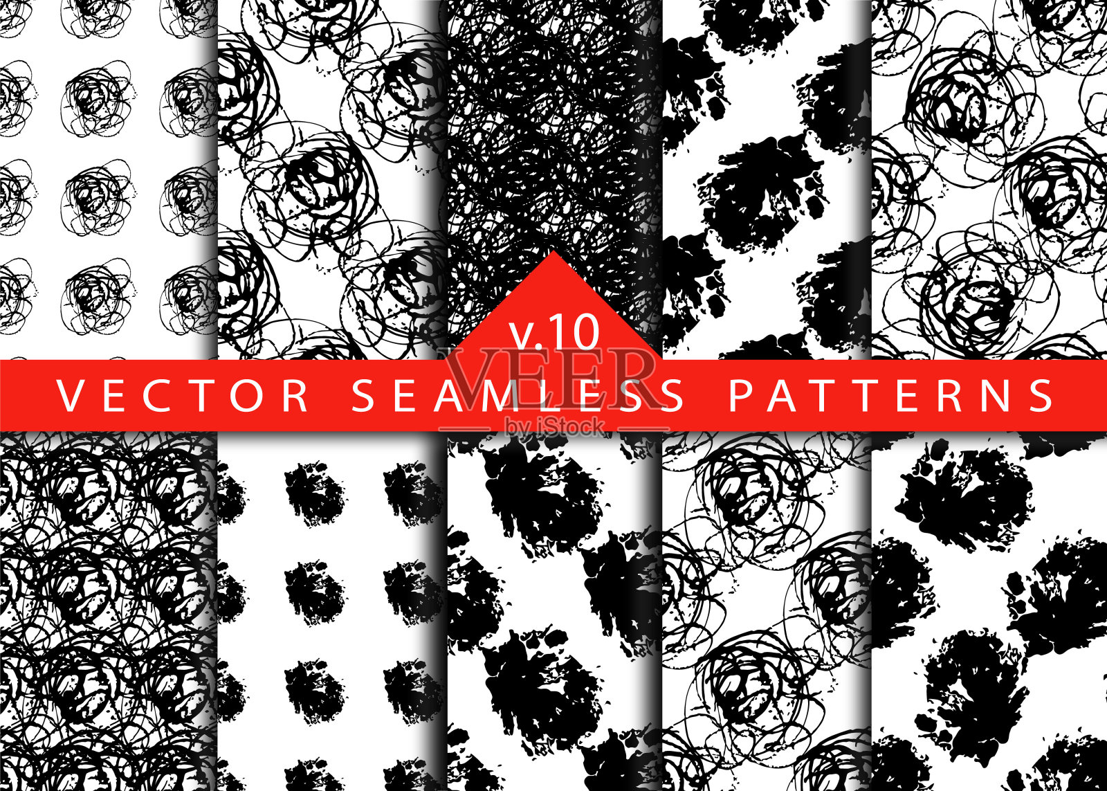 设置10个抽象笔刷无缝模式条纹和描边背景在黑色。纺织品和墙纸的几何形状设计元素插画图片素材