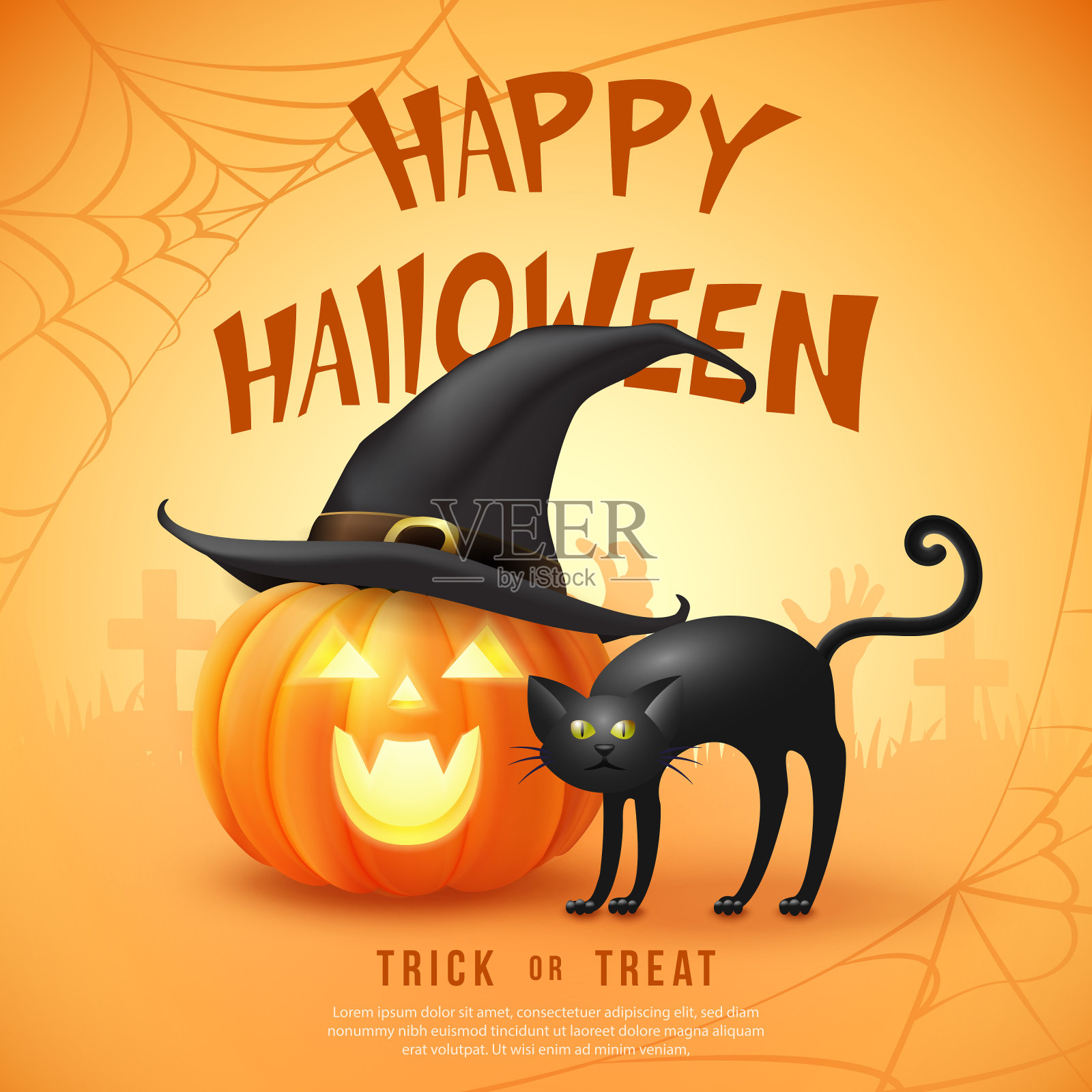 万圣节快乐3D现实恐怖杰克灯笼与巫婆帽和黑猫设计模板素材