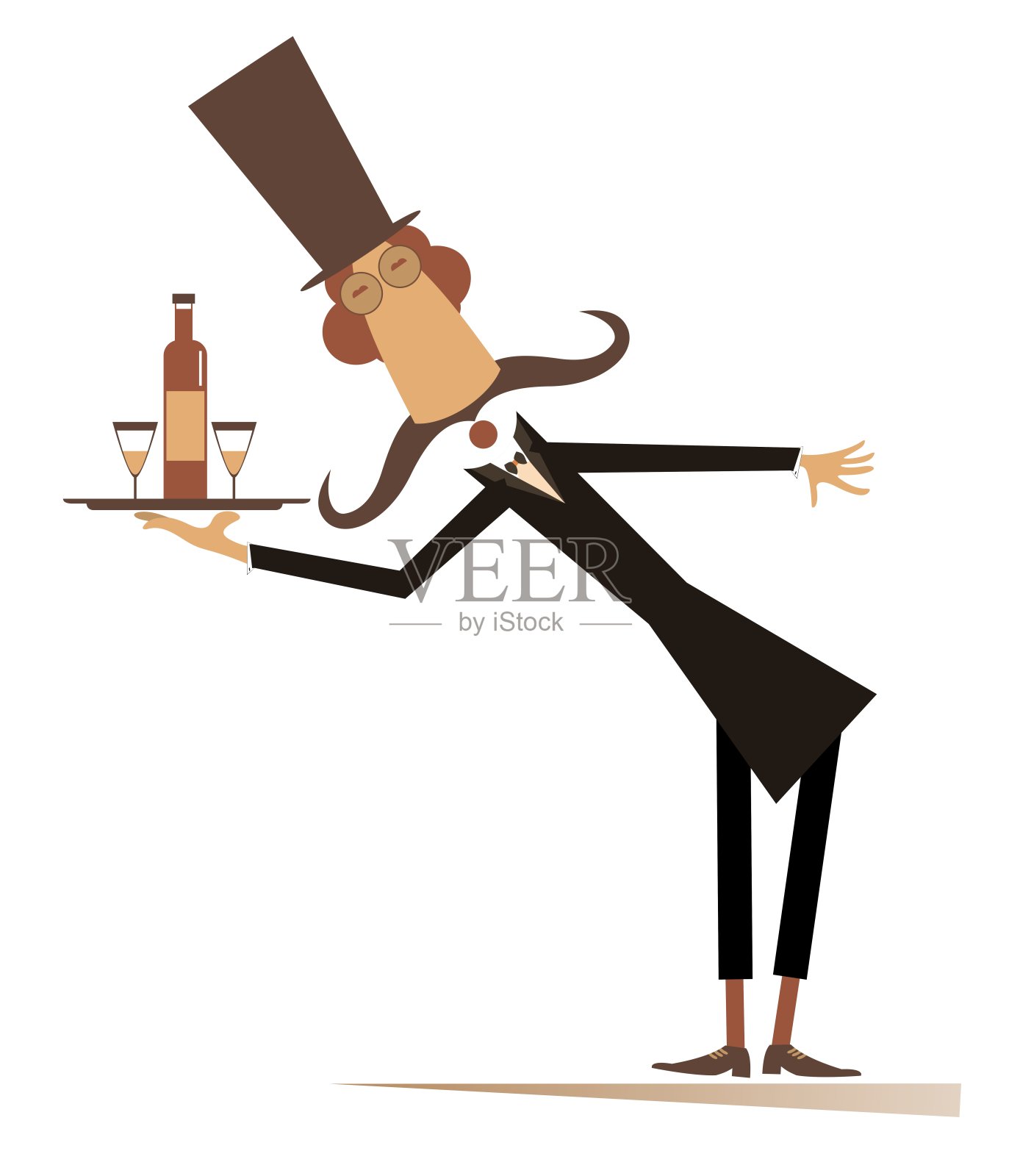 漫画男拿着一个托盘，上面有一个瓶子和两个杯子的插图插画图片素材