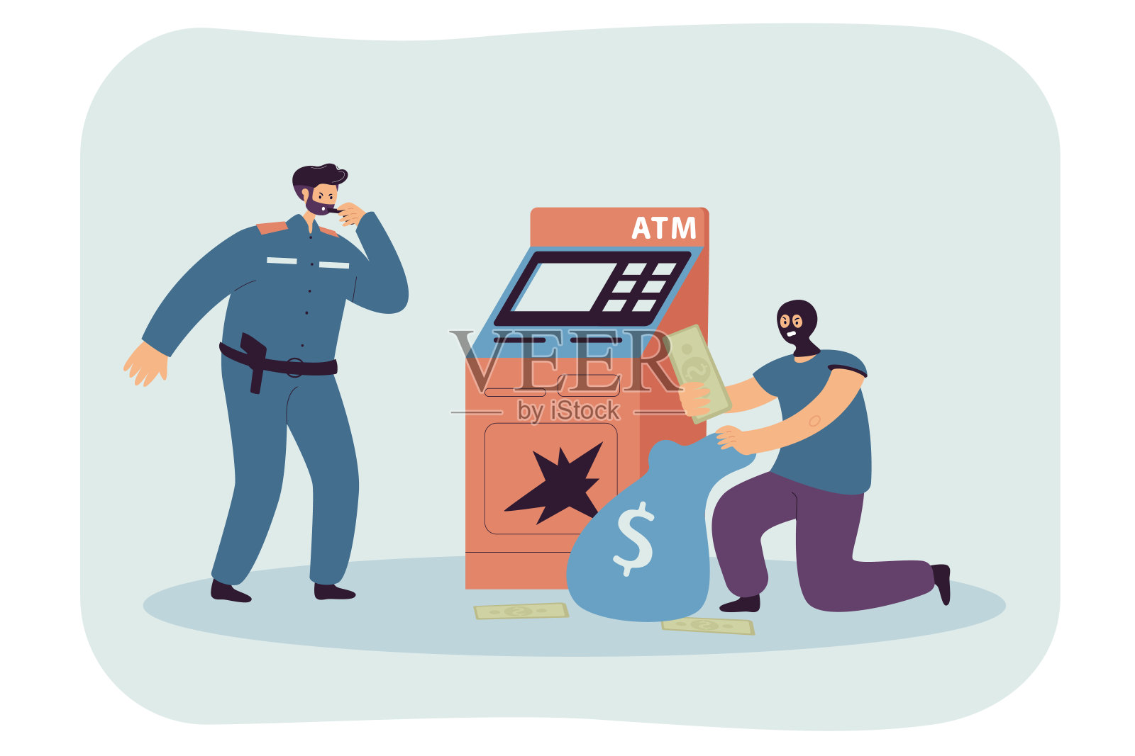 警察人物威胁罪犯攻击ATM机插画图片素材