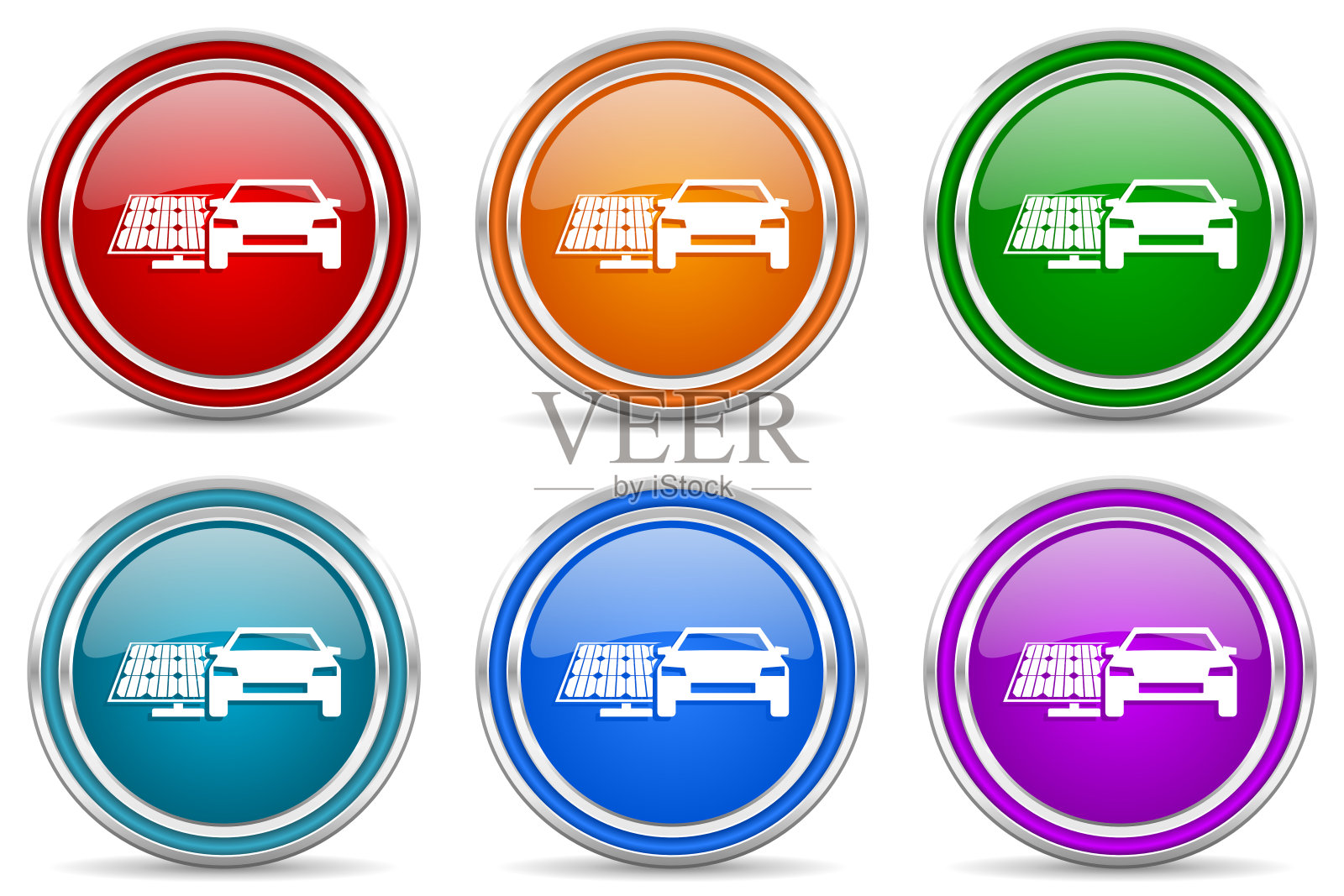 电动汽车和太阳能电池板，清洁能源，动力银色金属光泽图标，一套现代设计按钮，网页，互联网和移动应用程序在6个颜色选项隔离在白色背景图标素材