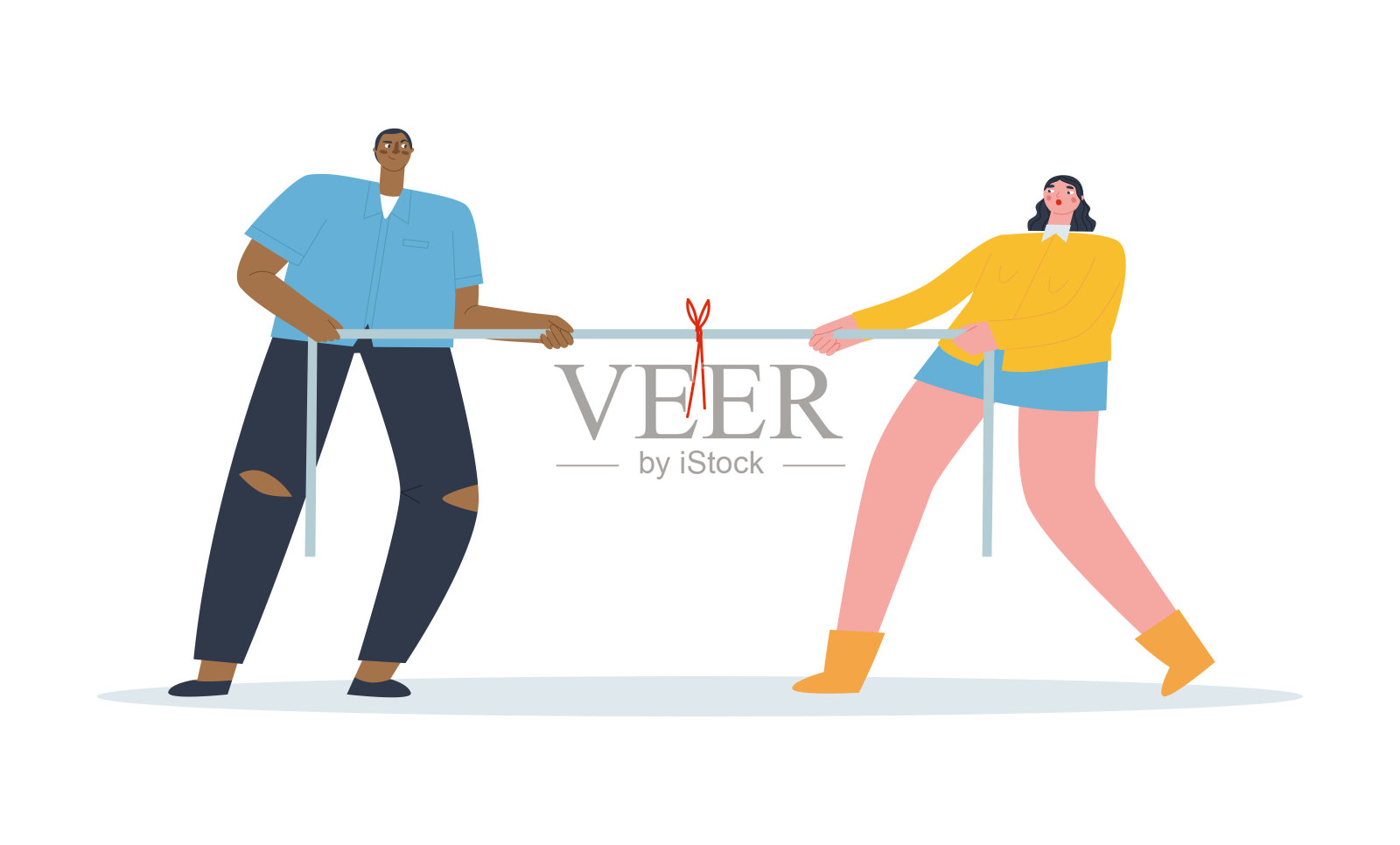 男女拔河比赛不同肤色的人拉着绳子的两端。竞争,竞争,斗争。插画图片素材