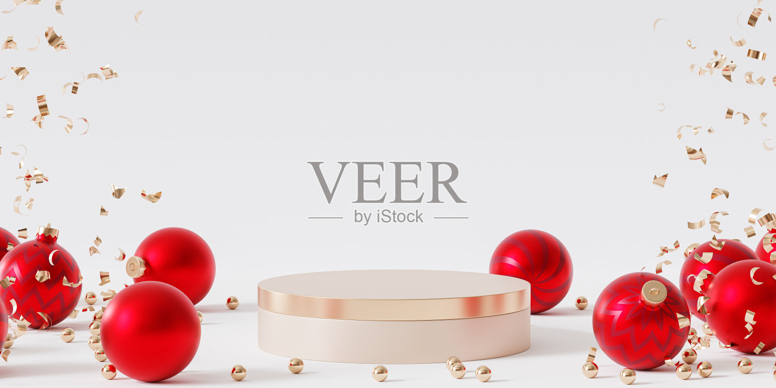 圣诞节或新年假期背景，金色讲台或基座的产品或广告与红色小玩意，3d渲染照片摄影图片