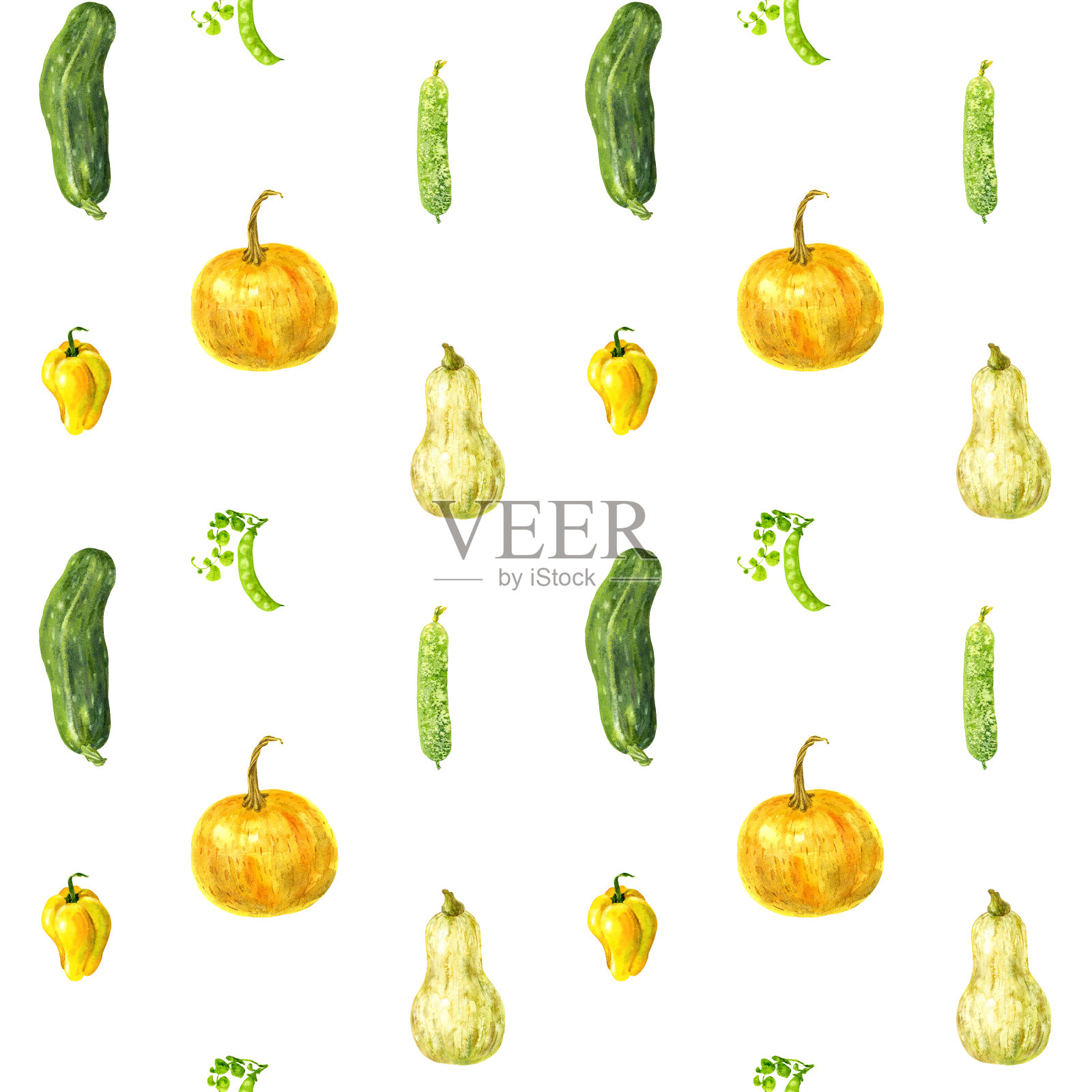 水彩无缝图案的花园蔬菜黄色和绿色的颜色在白色的背景。手绘插图。插画图片素材